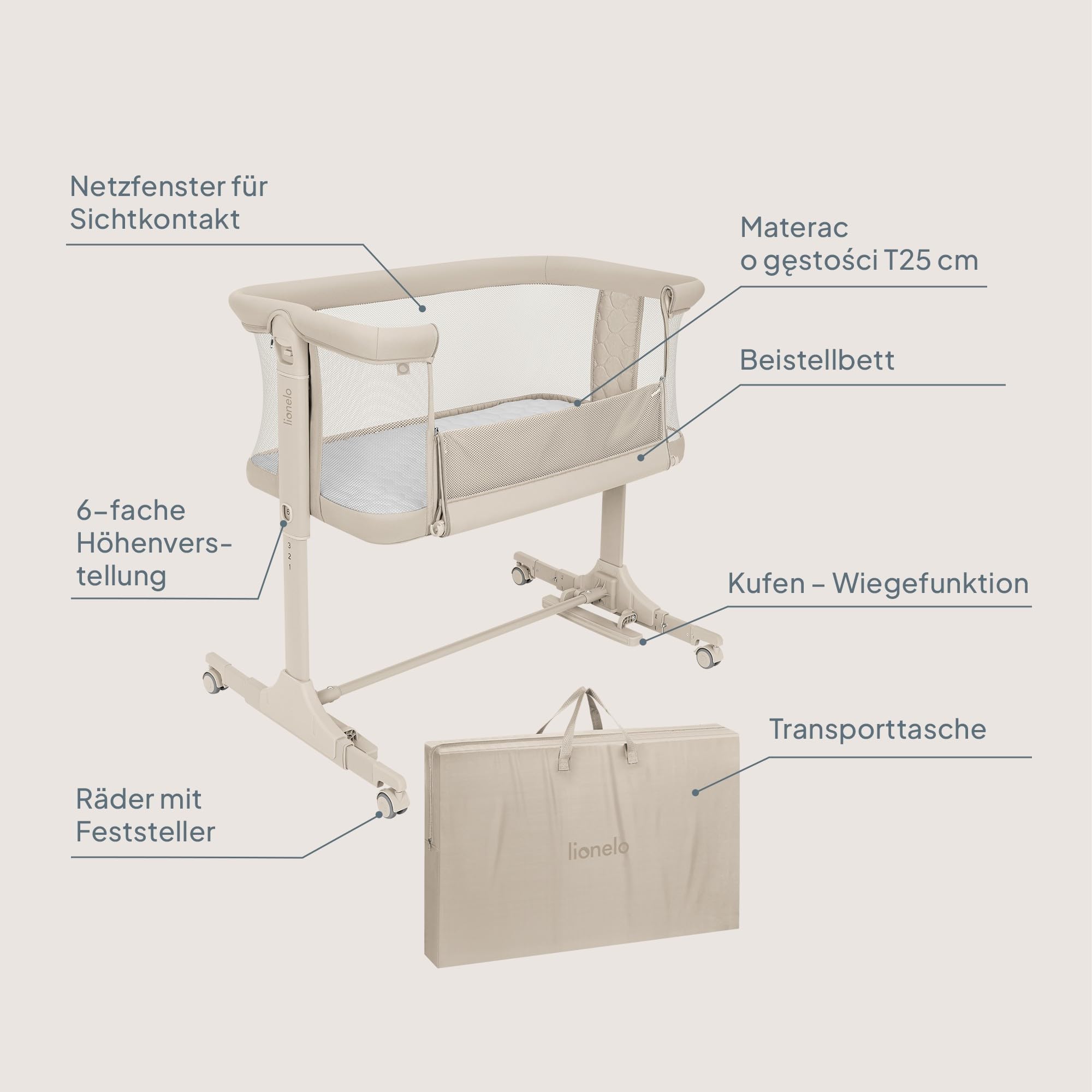 Lionelo Pari Beistellbett 3in1, 6-Fach höhenverstellbar, Neigungsverstellung, Boxspringbett, Wiege, Babybett, Netzseiten, Rollen mit Bremse, Matratze, 84 x 48 cm