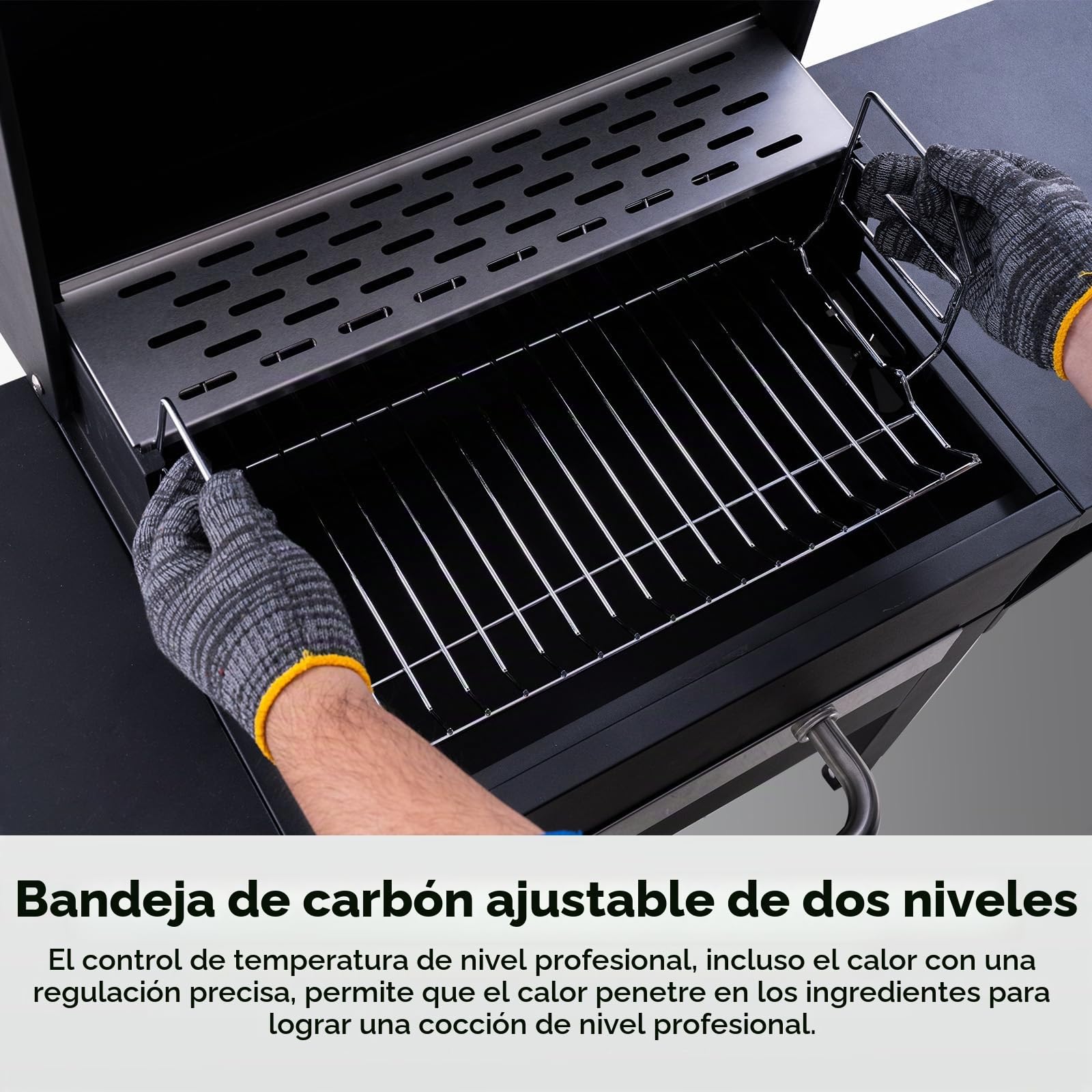 Barbacoa carbón con tapa, Parrilla 2 en 1 de pie y mesa, Compacta para balcón y jardín, Termómetro, Zona mantener caliente, Fácil de mover y limpiar