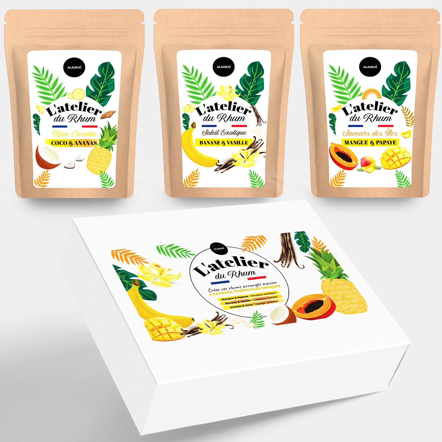 Kit Rhum Arrangé | 3 Nouvelles Saveurs Tropicales | Coffret Cadeau Rhum | Fabriquer Votre Rhum Maison DIY | Idées De Cadeaux Hommes & Femmes | Fabriqué en France - Ingrédients de qualité