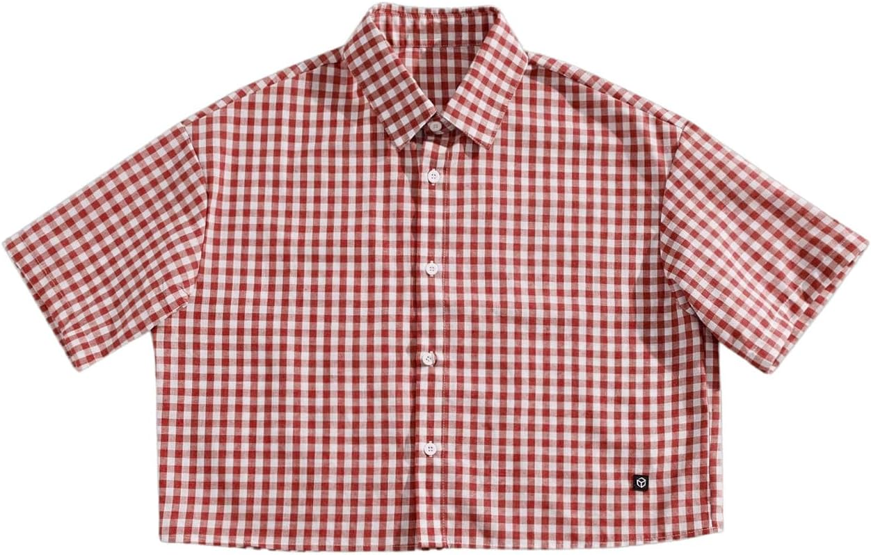 SHENHE Men's Plaid Button Down Short Sleeve Cropped Shirt Gingham Collared Shirt Top
