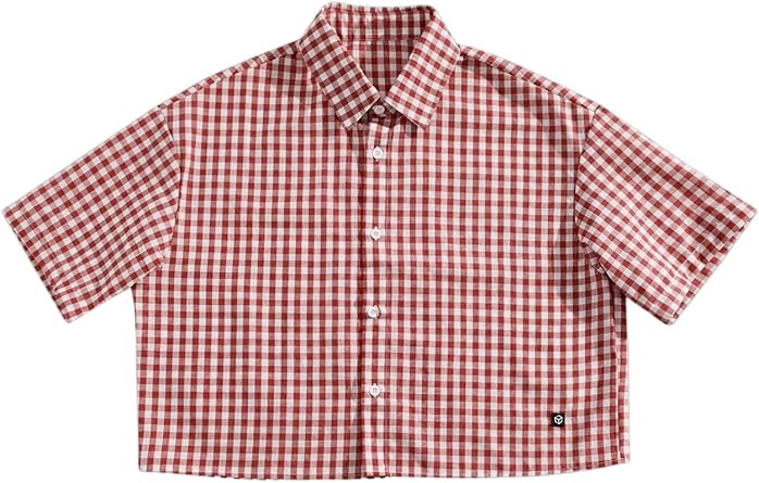 VIPWOLF Mens Plaid Shirts Gingham Short Sleeve Button Down Crop Tee Tops