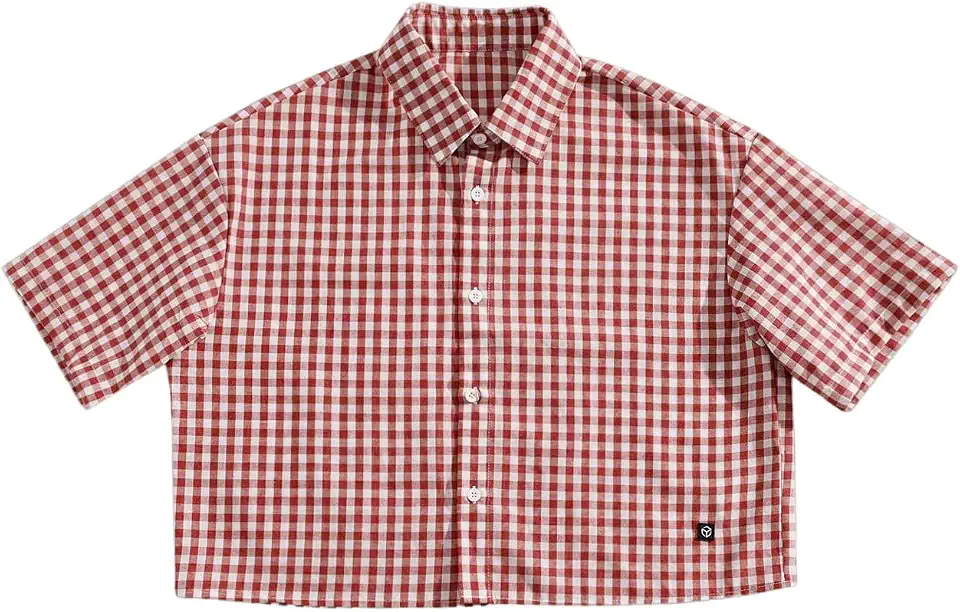 VIPWOLF Men's Plaid Shirts Gingham Short Sleeve Button Down Crop Tee Tops
