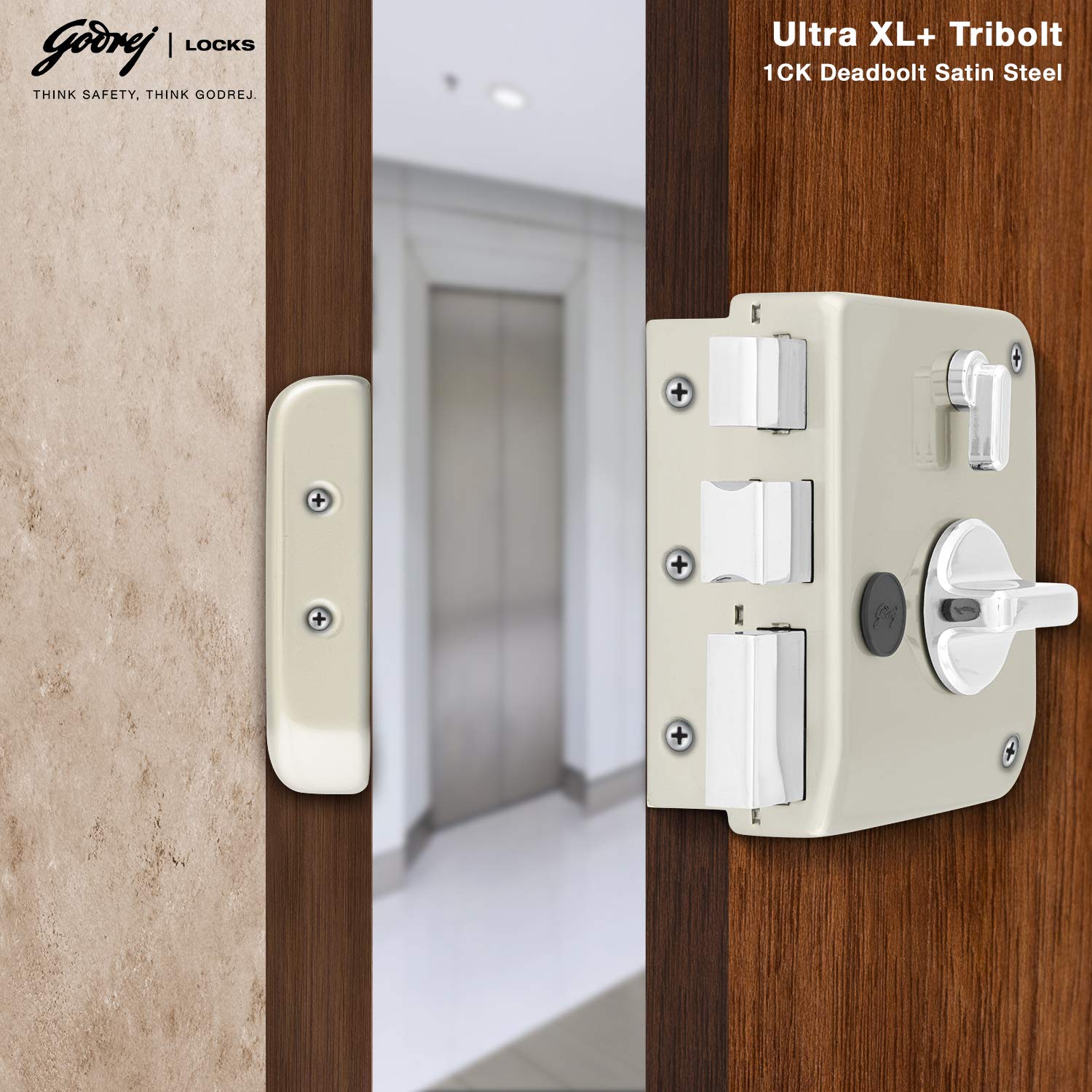 Godrej Rim Lock l Tribolt Ultra XL+ I 1CK Deadbolt l for Inside Opening, Double and Sliding Wooden Doors l Left/Right-Handed Doors l 4 Keys l 5 Year Warranty l Manual Locking I Satin Nikel Finish — Amazon image 2