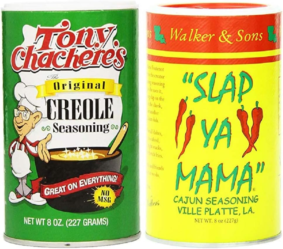 Louisiana Favorites No MSG Cajun Creole Seasoning Bundle - 1 each of Tony Chachere's Original Creole and Slap Ya Mama Cajun Seasonings (8 Ounces each) Pack of 2