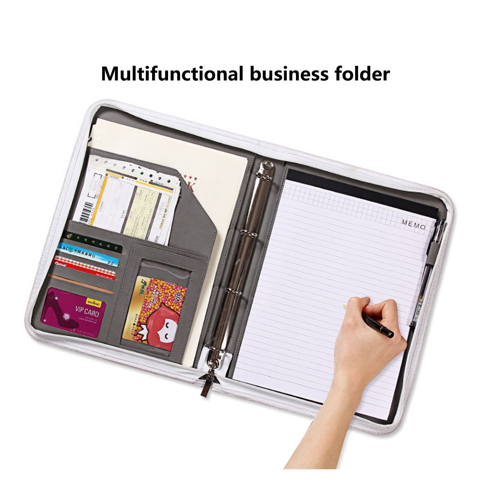 Padfolio A4 Biznesowe Portfolio Skórzana teczka konferencyjna z zamkiem błyskawicznym Osobisty organizer do pracy Podróżny segregator pierścieniowy dla mężczyzn kobiet w tym notatnik do wielokrotnego napełniania 25 arkuszy 4-pak (kolor: szary))