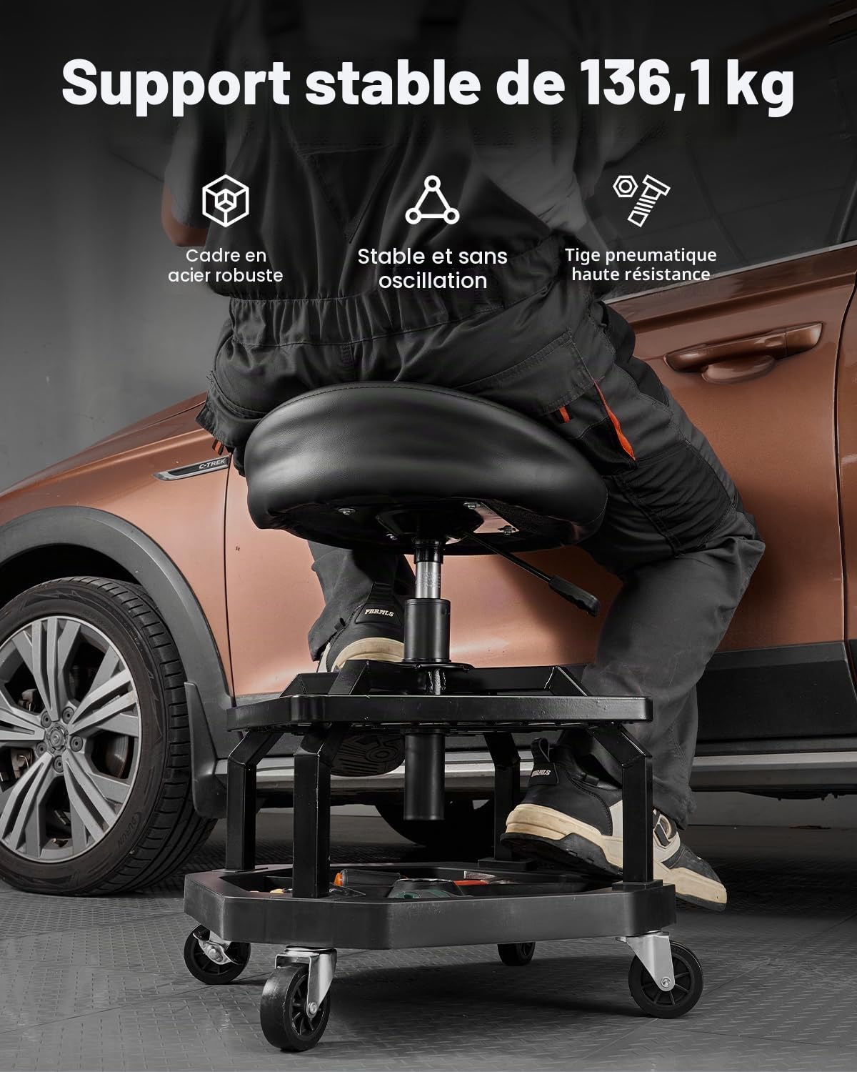 VEVOR Tabouret d'atelier Roulant à Hauteur réglable, capacité de Charge 136 kg, Tabouret de mécanicien pneumatique, siège de Garage rembourré pivotant 360° avec roulettes, pour réparation Automobile