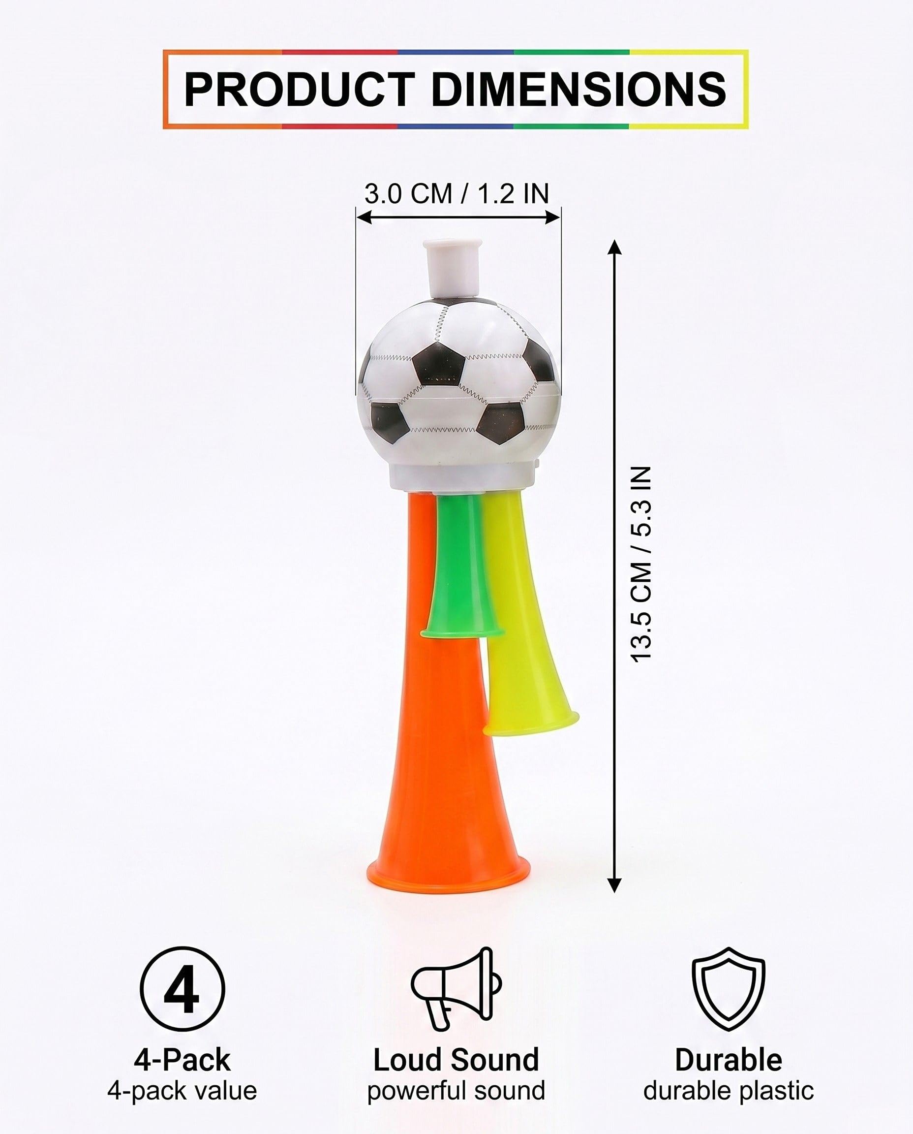 Vuvuzela 4 pièces, haut-parleur et trépied compact pour encourager le football en stade. Idéal comme fanfare pour les événements sportifs, les tournois de football et le basket-ball.
