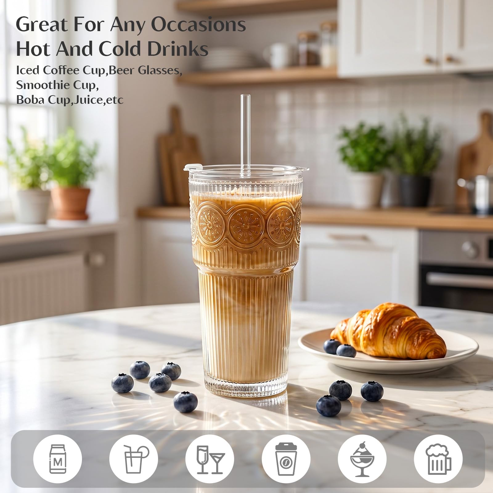 INSETLAN Lot de 4 gobelets en verre nervuré et floral avec couvercles et pailles, 567 g – Gobelets réutilisables pour eau, smoothies, thé et jus – Parfaits pour les voyages et un usage quotidien