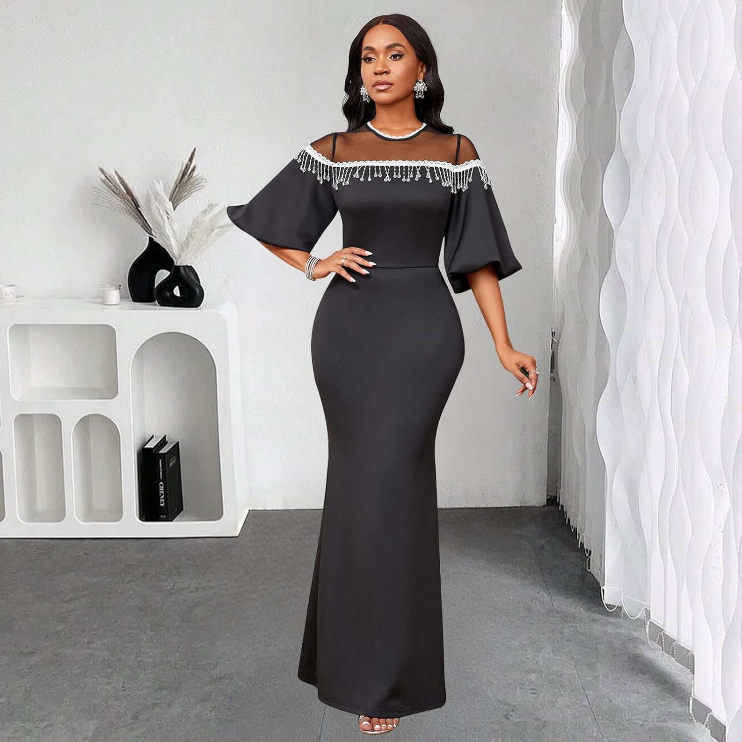 Cololura Women Elegant Lantern Middle Sleeve Tassel Mesh Perspective Party Bodycon Party Evening Gown Formal Maxi Dress - Image 2