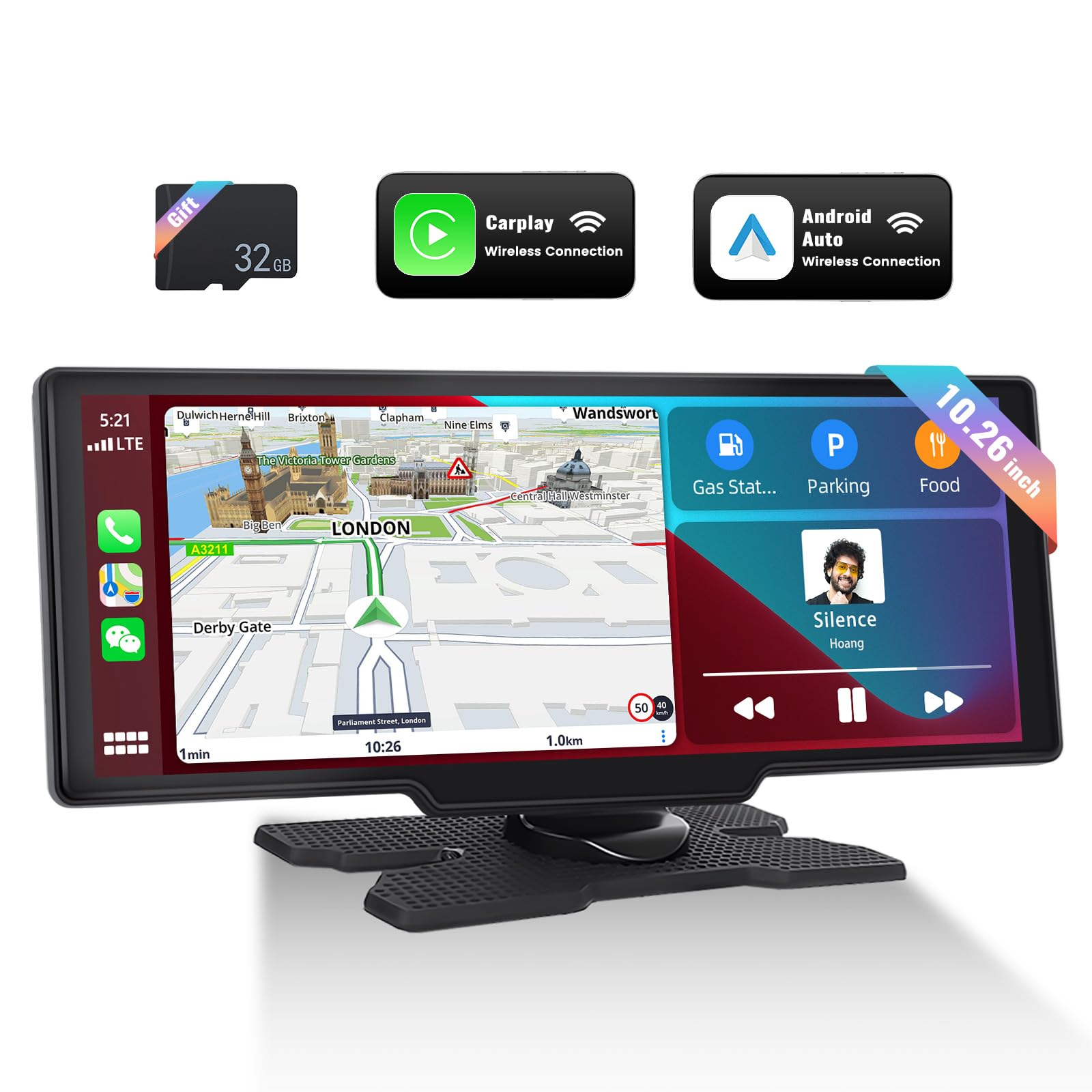 10.26 Inch Portable Car Stereo Wireless Apple Carplay&Wireless Android Auto, Bluetooth GPS Navigation Voice Control Support Backup Camera Input Mirror Link Wifi FM/USB/AUX/TF Car Input