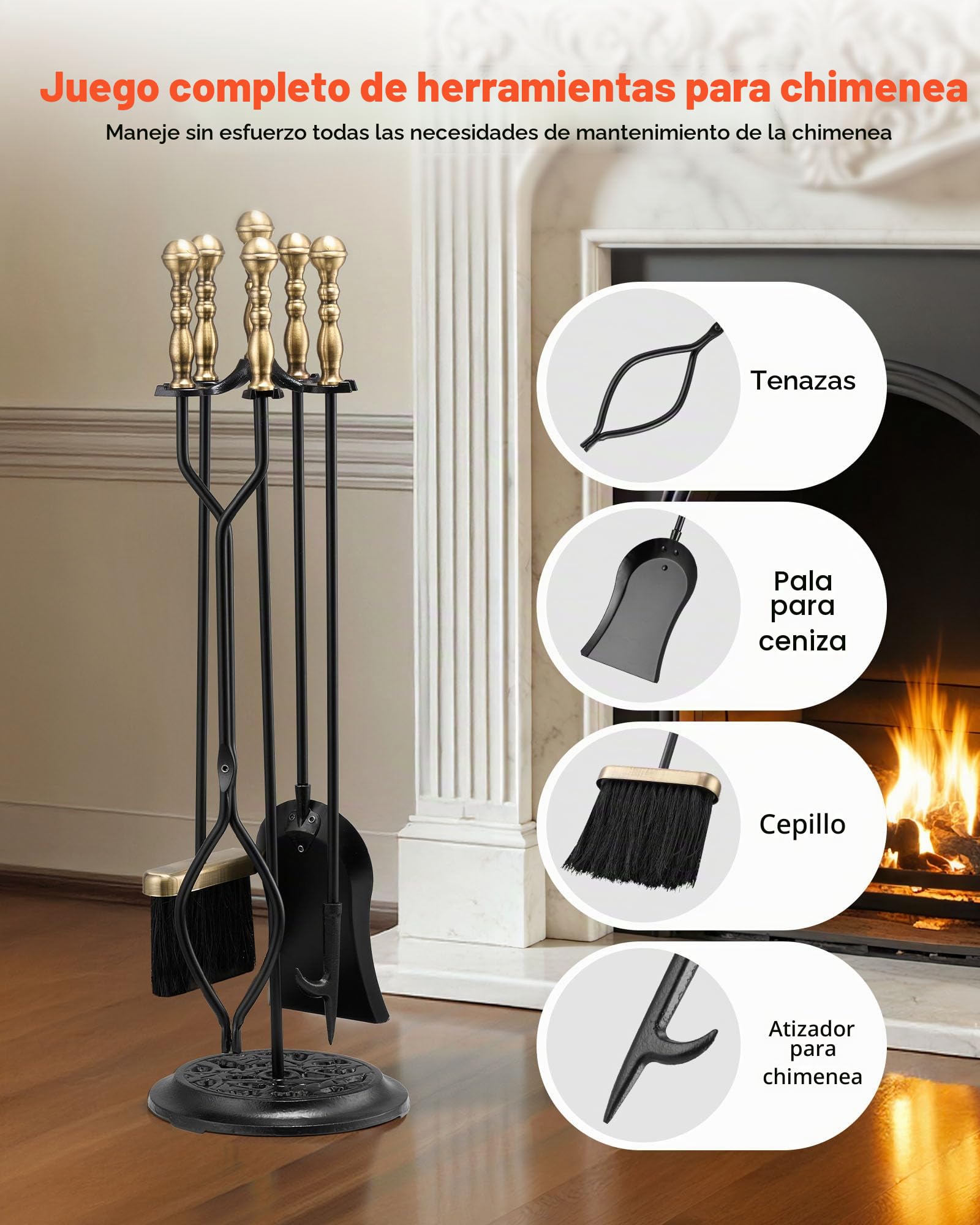 VEVOR Juego de 5 Herramientas para Chimenea de Hierro Forjado, con Soporte de Cinco Puntas, Pinzas, Pala para Cenizas, Cepillo y Atizador, Interior y Exterior, Negro y Latón, 770 x 225 x 225 mm