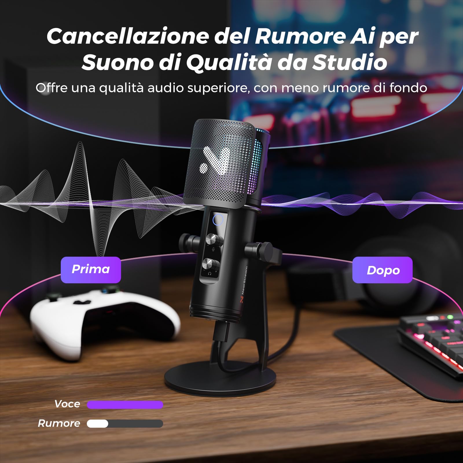 NearStream Microfono USB a Condensatore Professionali Vengono Utilizzati per Catturare Audio di Alta Qualità,Microfono Gaming con Cancellazione del Rumore/Led RGB/Muto/Guadagno/Filtro Anti Pop,AM35U