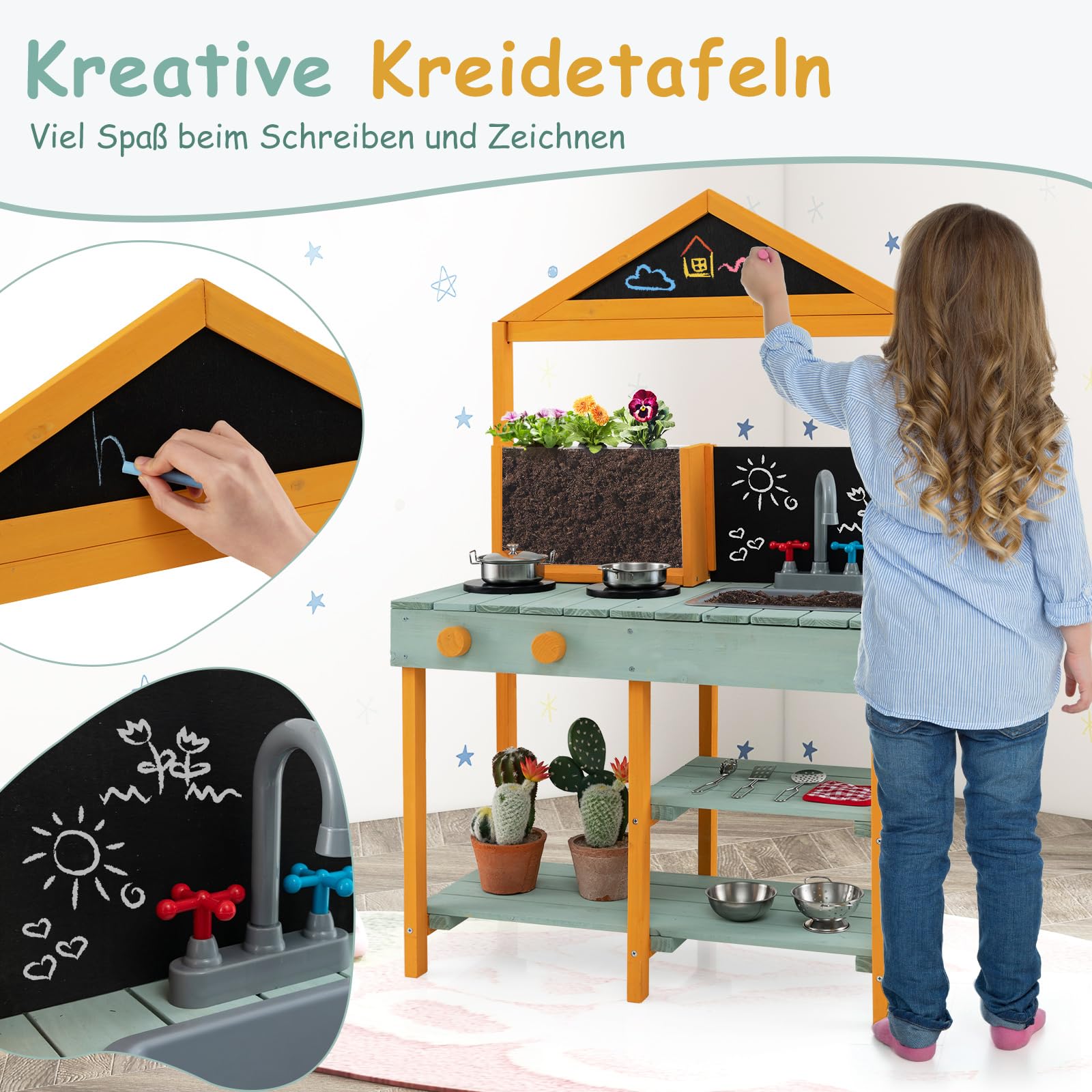 COSTWAY Matschküche Kinder Outdoor, Kinderküche Tannenholz mit Pflanzbehälter & 2 Kreidetafeln & Wasserhahn & Waschbecken, Spielküche Outdoorküche für Kinder ab 3 Jahren, Inkl. 8 Zubehör (Grün)