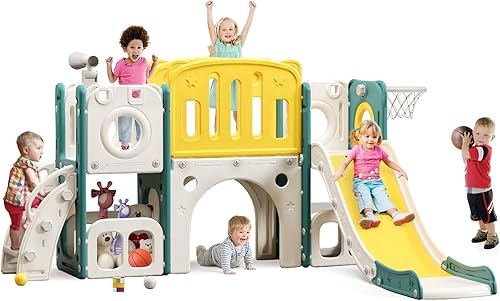 MOCUTEEN Juego de escalador y tobogán 8 en 1 para niños pequeños con aro de baloncesto - Zona de juegos para interiores y exteriores, centro de