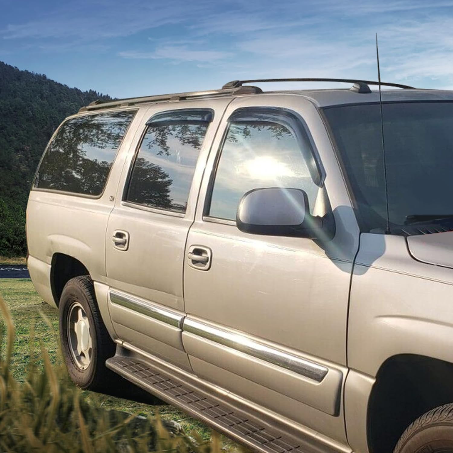 Window Visor Compatible with 2001-2006 Chevy Silverado GMC Sierra Crew Cab, Slim Style Acrylic Smoke Tinted 4PCS Sun Rain Guard Wind Vent Air Deflector by IKON MOTORSPORTS, 2002 2003 2004 2005