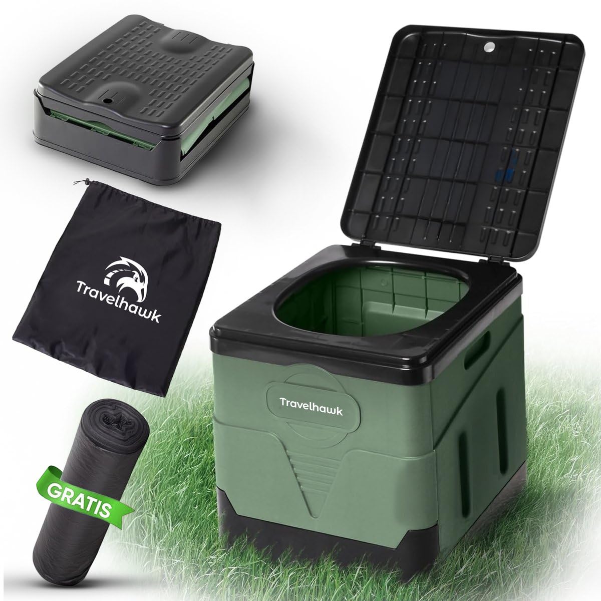 Campingtoilette Faltbar | Klapptoilette bis 150 kg | 12 Bio-Toilettenbeutel & Aufbewahrungstasche | Tragbares Outdoor WC – Camping, Festival, Stau, Notfall