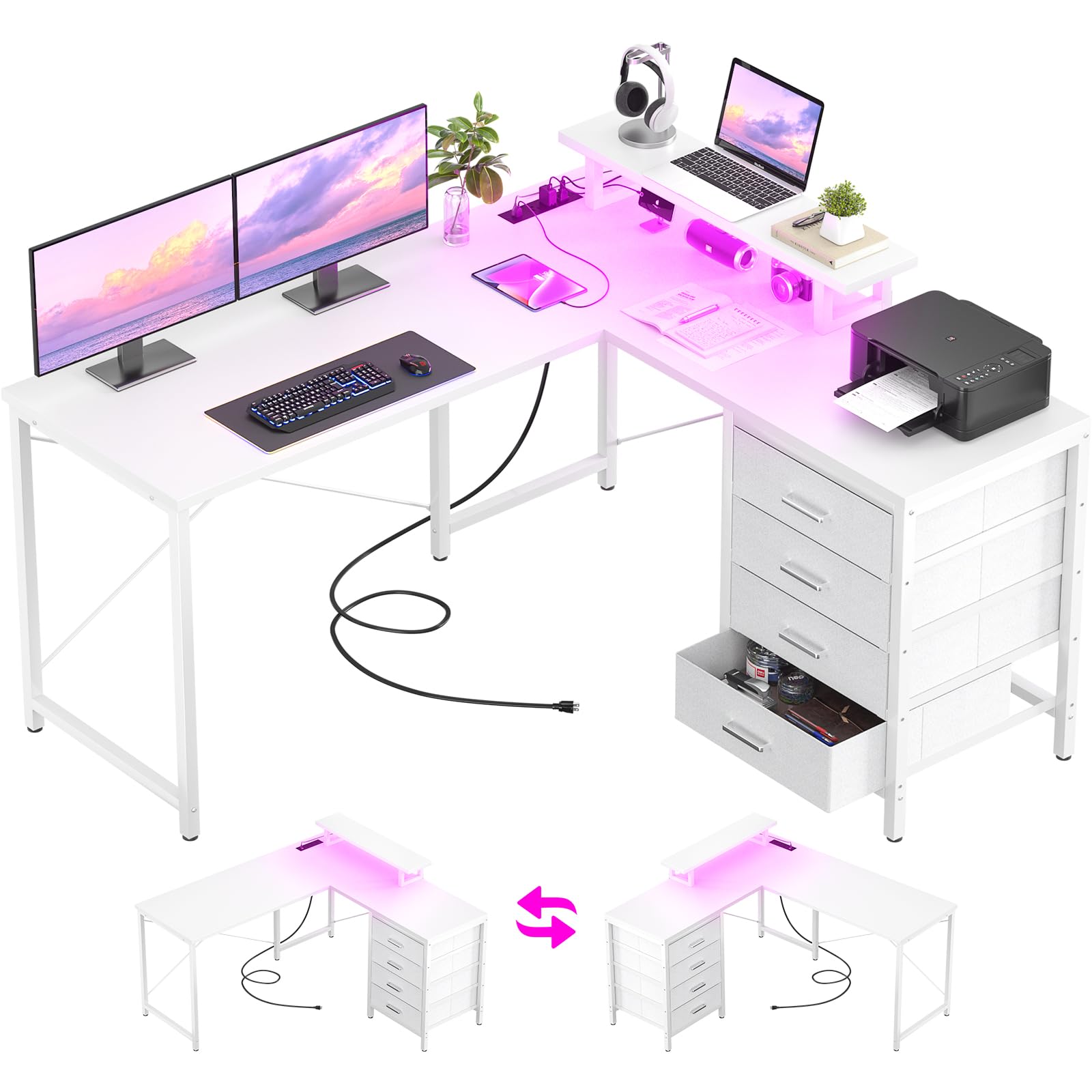 Homieasy L Shaped Desk with Drawers & Power Outlets, Reversible Computer Desk with LED Light and Monitor Stand, 50 Inch Home Office Gaming Work Study Desk with 4 Storage Drawers, White