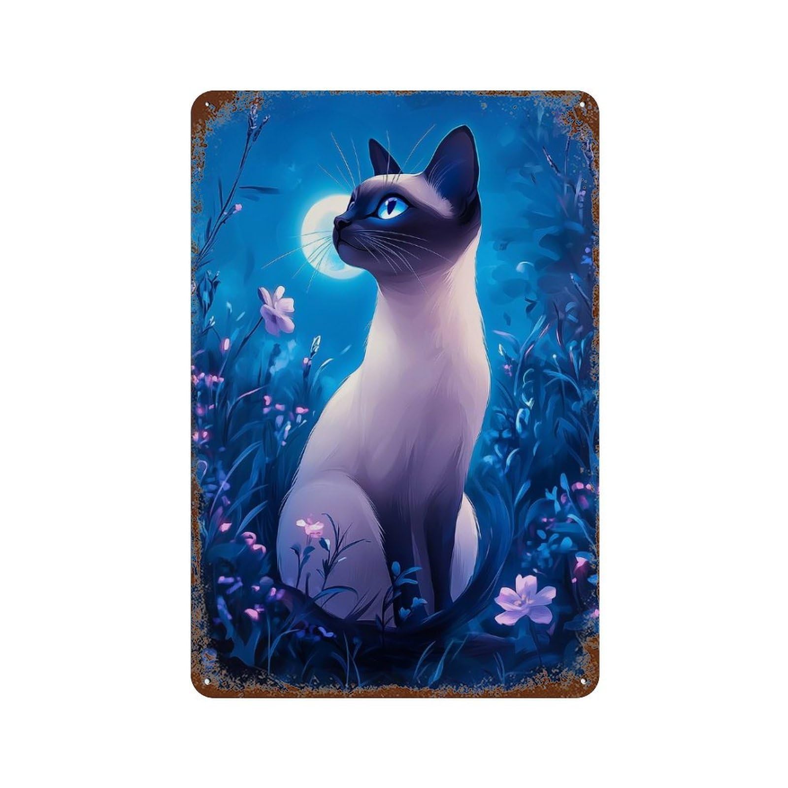 Aged Metal Wall Plaque with Siamese Cat in Moonlight Garden Design 11.8"x7.9", for Basement, Hobby Room And Garage Decor, Classic Wall Plaque