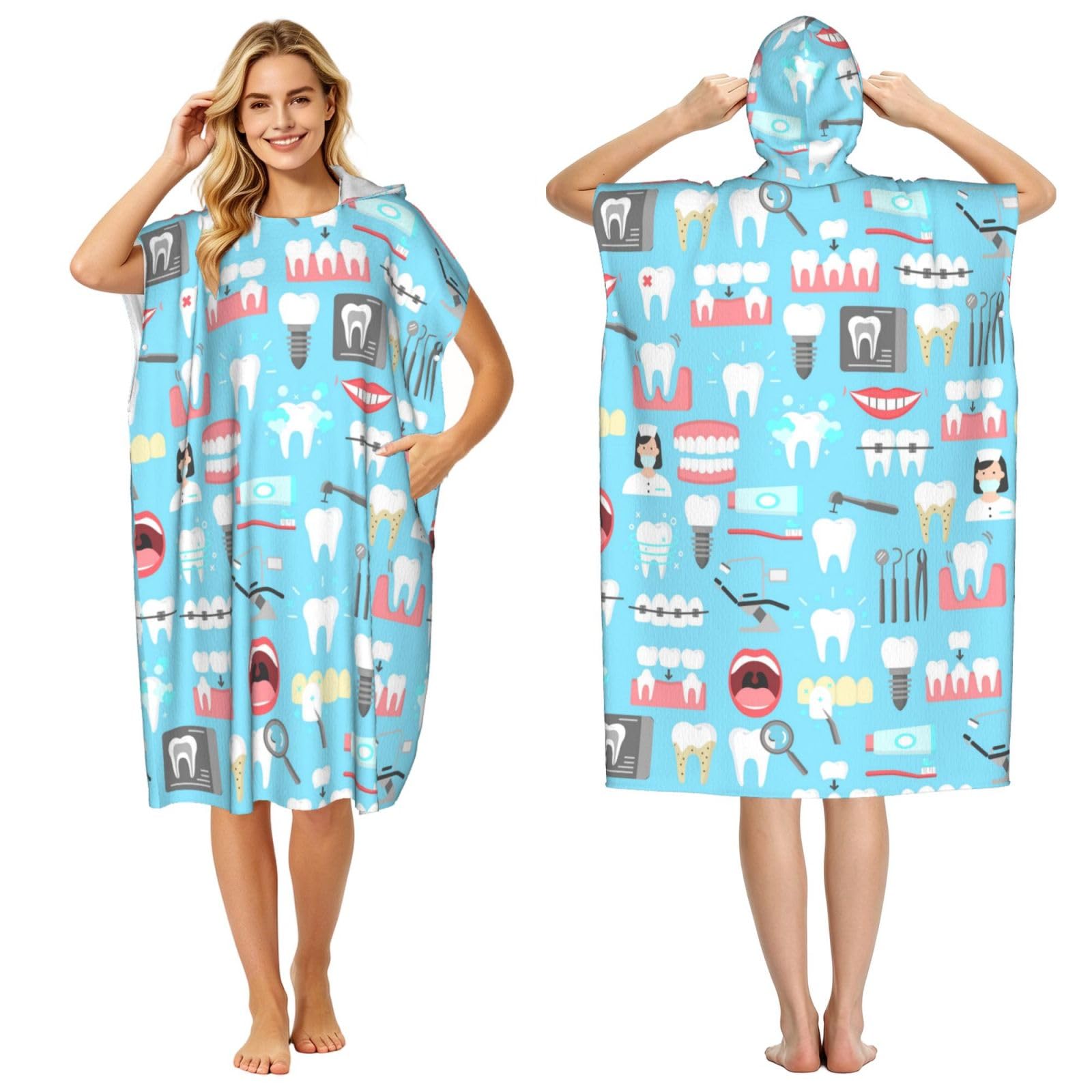 Poadnly Dental Seamless, Adult Hooded Beach Towel 90 x 110 cm,Changing Bath Robe, Surf Poncho Towel For Women Men