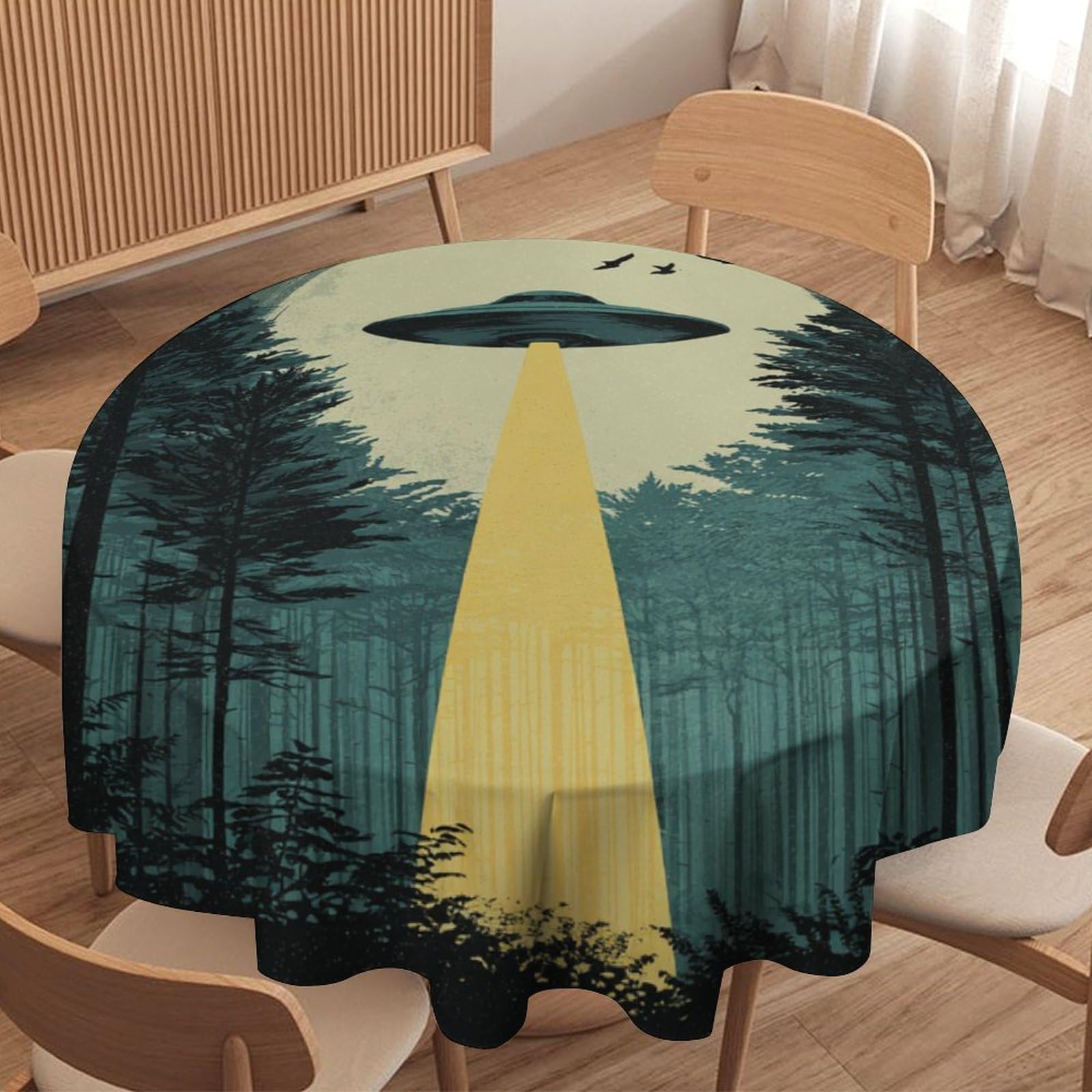 LUYYSKY Beautiful Funny Alien Spaceship Round Tablecloth Mid Century Realistic Full Moon Pine Forest UFO Washable Decor for Table Cover for Kitchen-177.8" Wx177.8 L cm