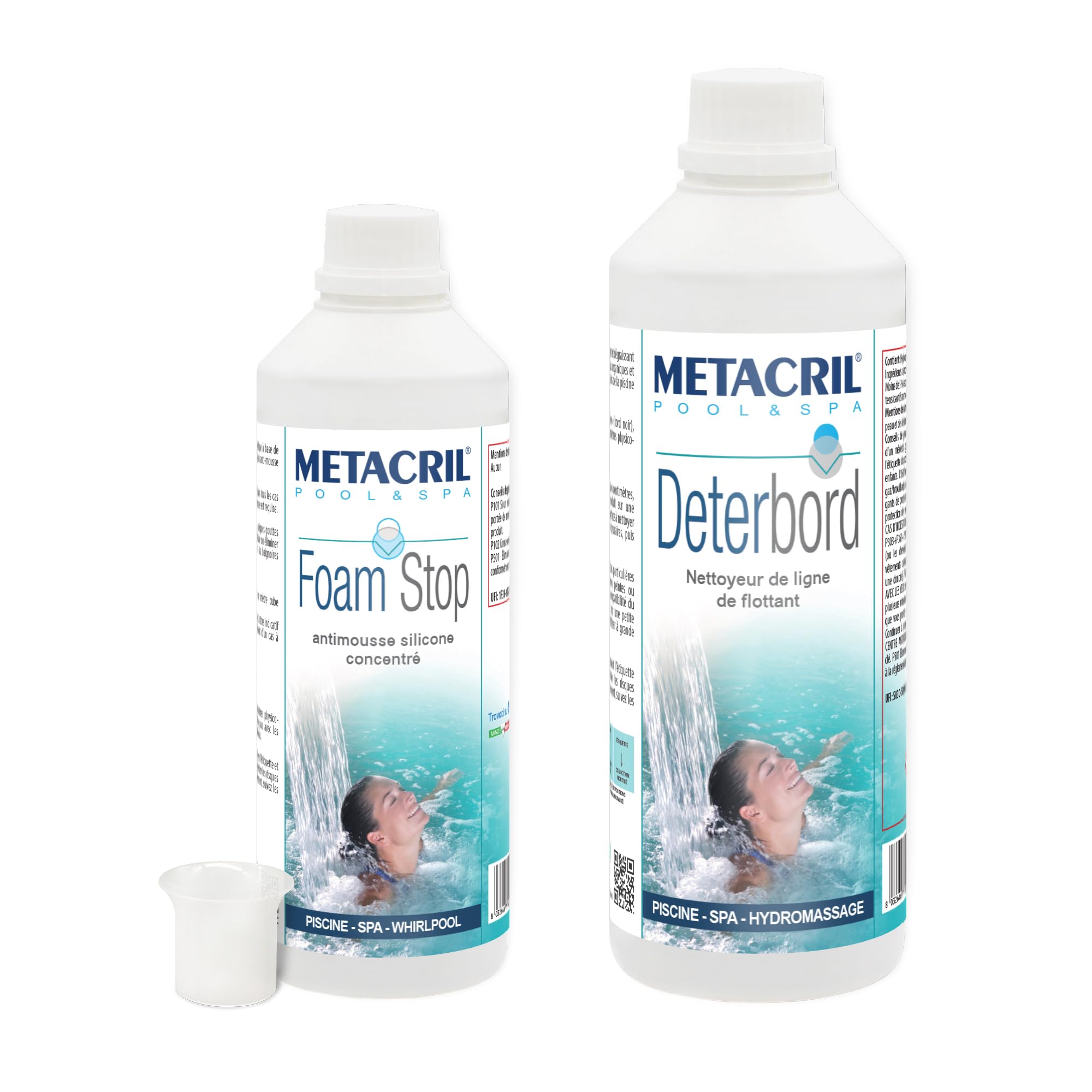 Metacril SET Foam Stop 500 ml + Dosataore e Deterbord 1 Lt | Set Antischiuma e Detergente e Sgrassante per Linea di Galleggiamento di Piscina e Spa Idromassaggio con Bicchierino Dosatore