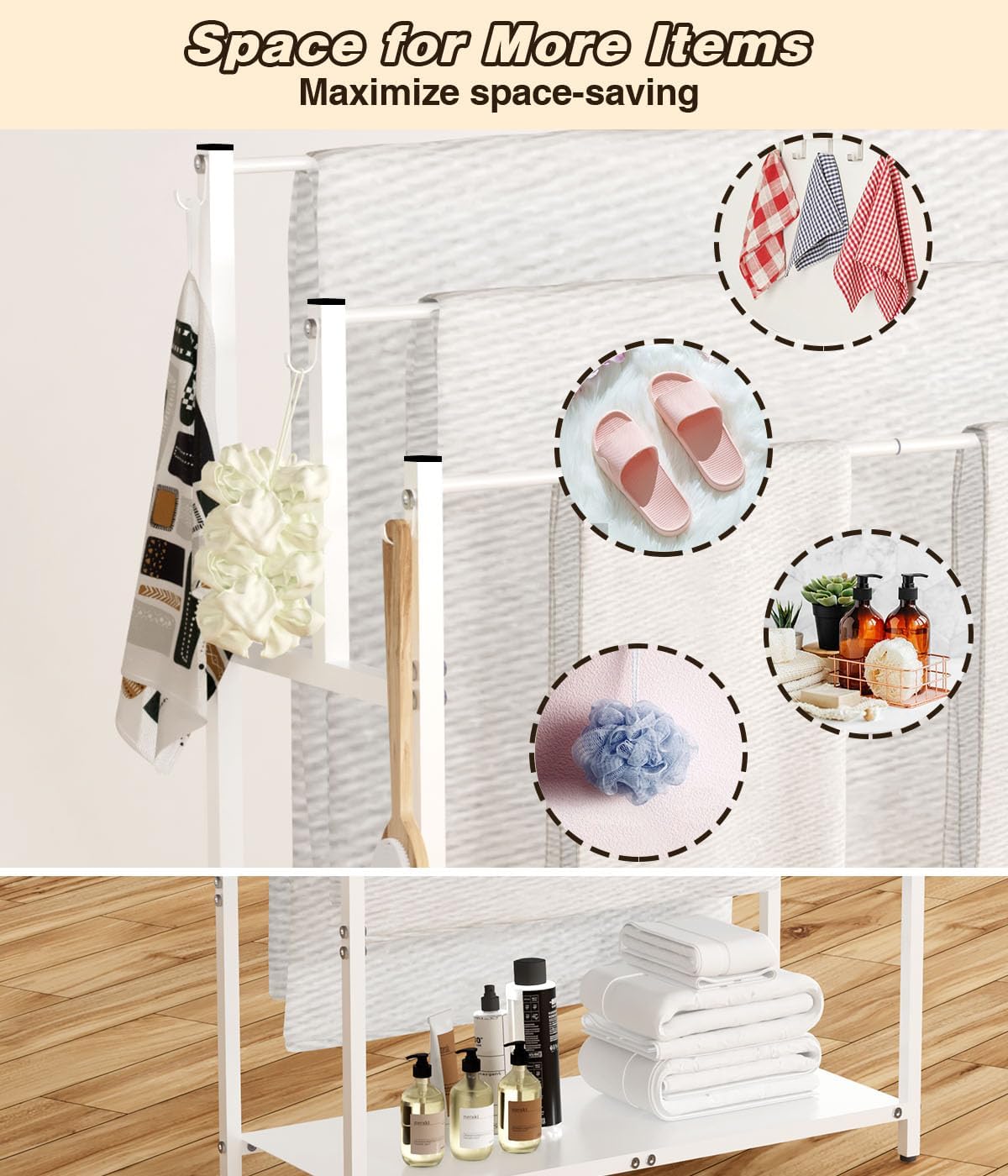 Mondazie 44” Tall Free Standing Towel Racks with 6 Hooks for Bathroom, 3 Tiers Oversized Pool Bath Towels Drying Stand, Metal Blanket Ladder Holder with Storage Shelf for Bedroom Living Room, White