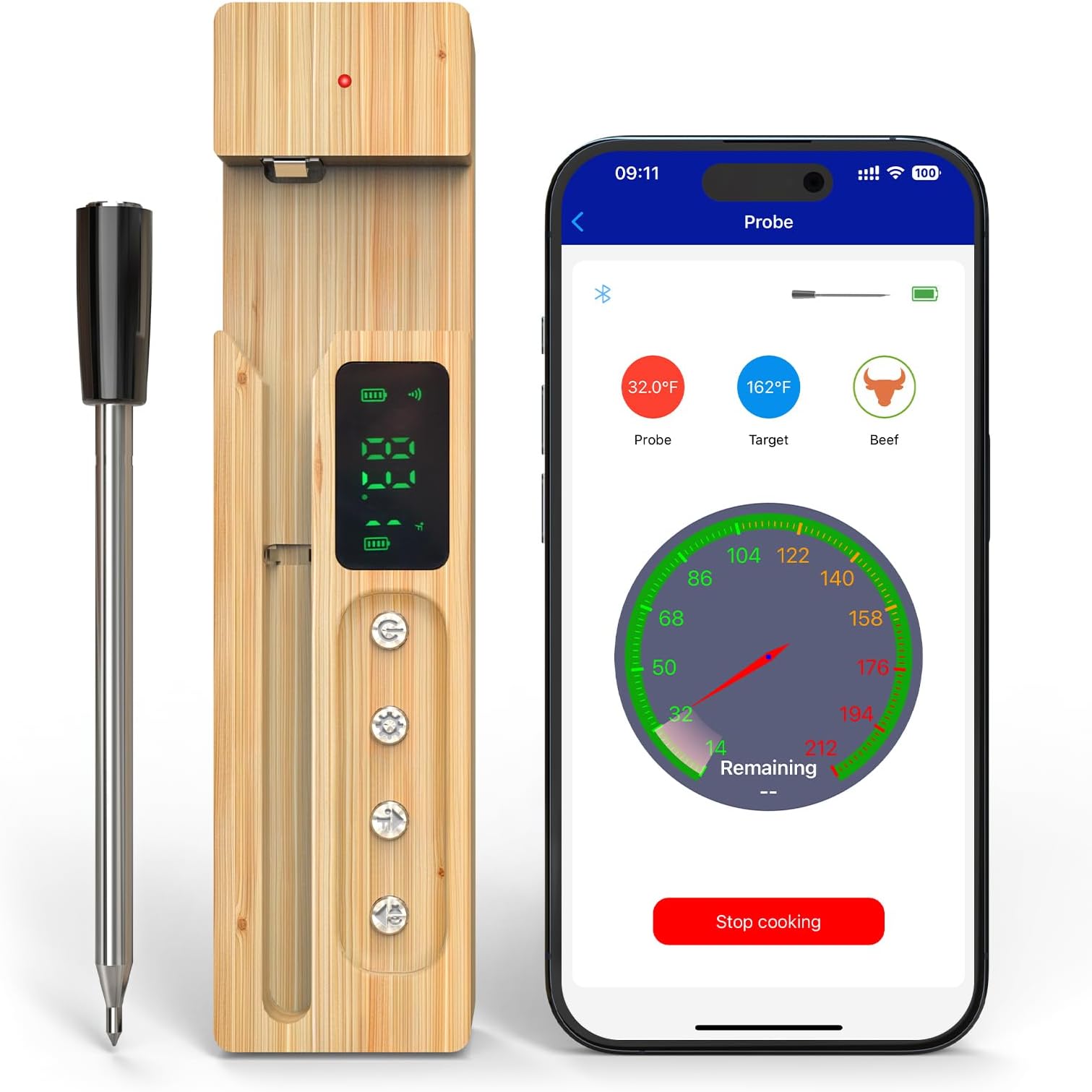 Smart Wireless Meat Thermometer, Meat Thermometer Digital for BBQ, Oven | Bluetooth & App-Enabled | Base with Charging and Temperature Display Function | Dishwasher Safe