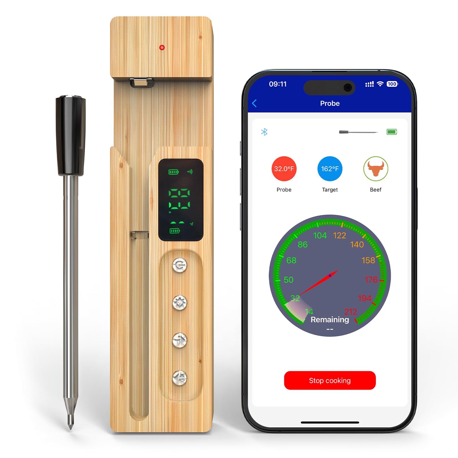 Smart Wireless Meat Thermometer, Meat Thermometer Digital for BBQ, Oven | Bluetooth & App-Enabled | Base with Charging and Temperature Display Function | Dishwasher Safe