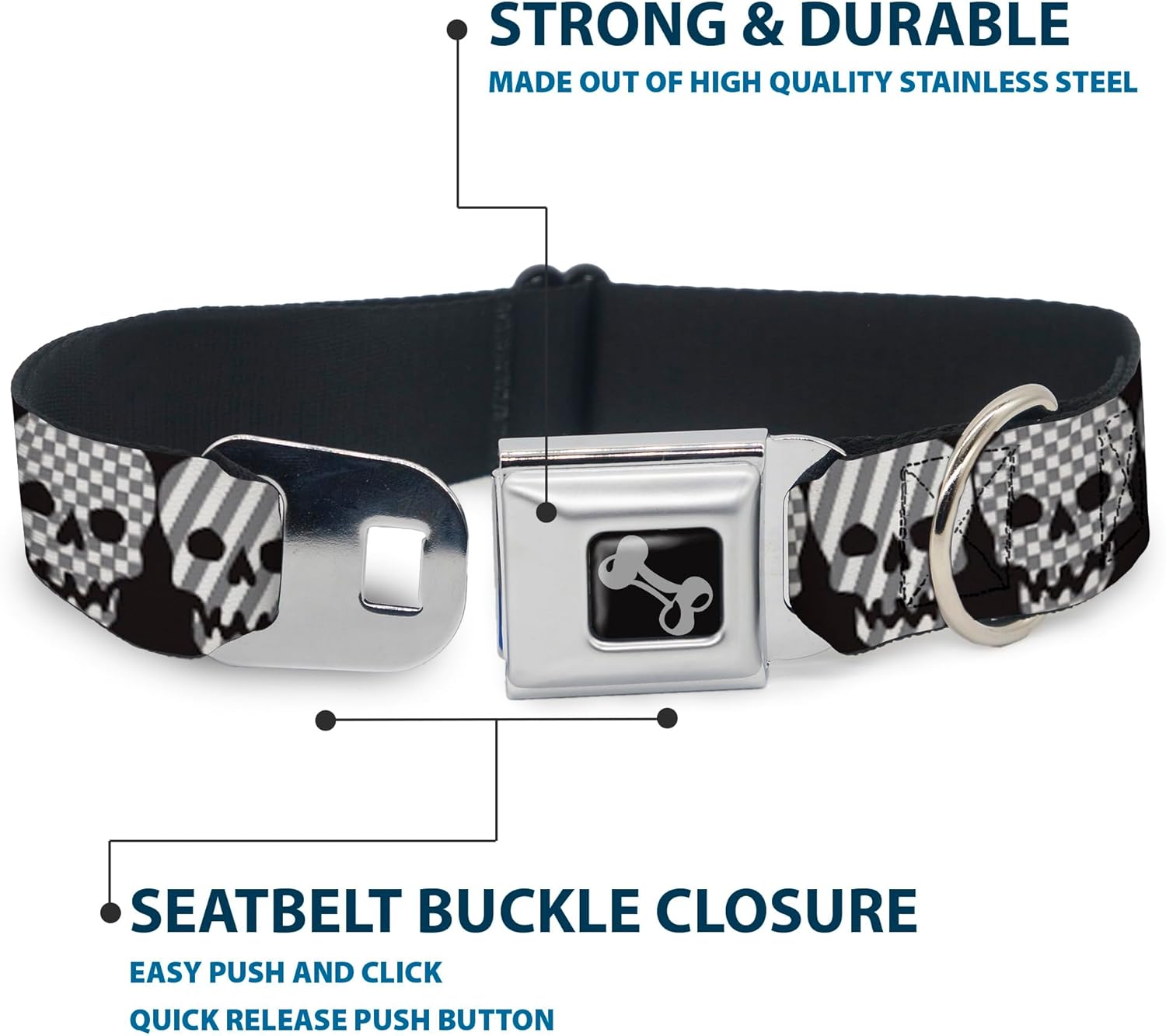 Buckle-Down Seatbelt Buckle Dog Collar - Checker & Stripe Skulls Black/White/Gray - 1" Wide - Fits 15-26" Neck - Large