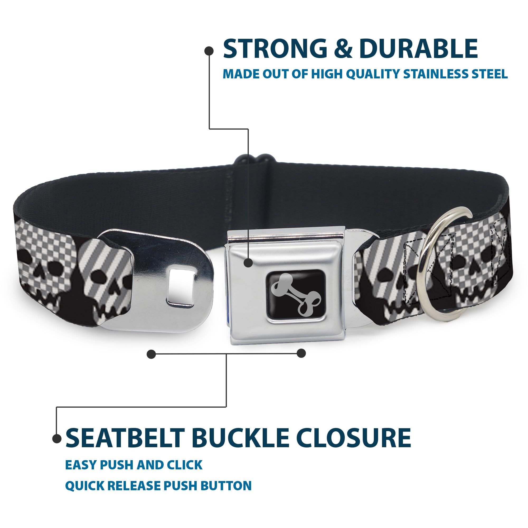 Buckle-Down Obroża dla psa z klamrą pasa bezpieczeństwa - czaszki w kratkę i paski czarne/białe/szare - szerokość 3,8 cm - pasuje na szyję 45-81 cm, rozmiar L