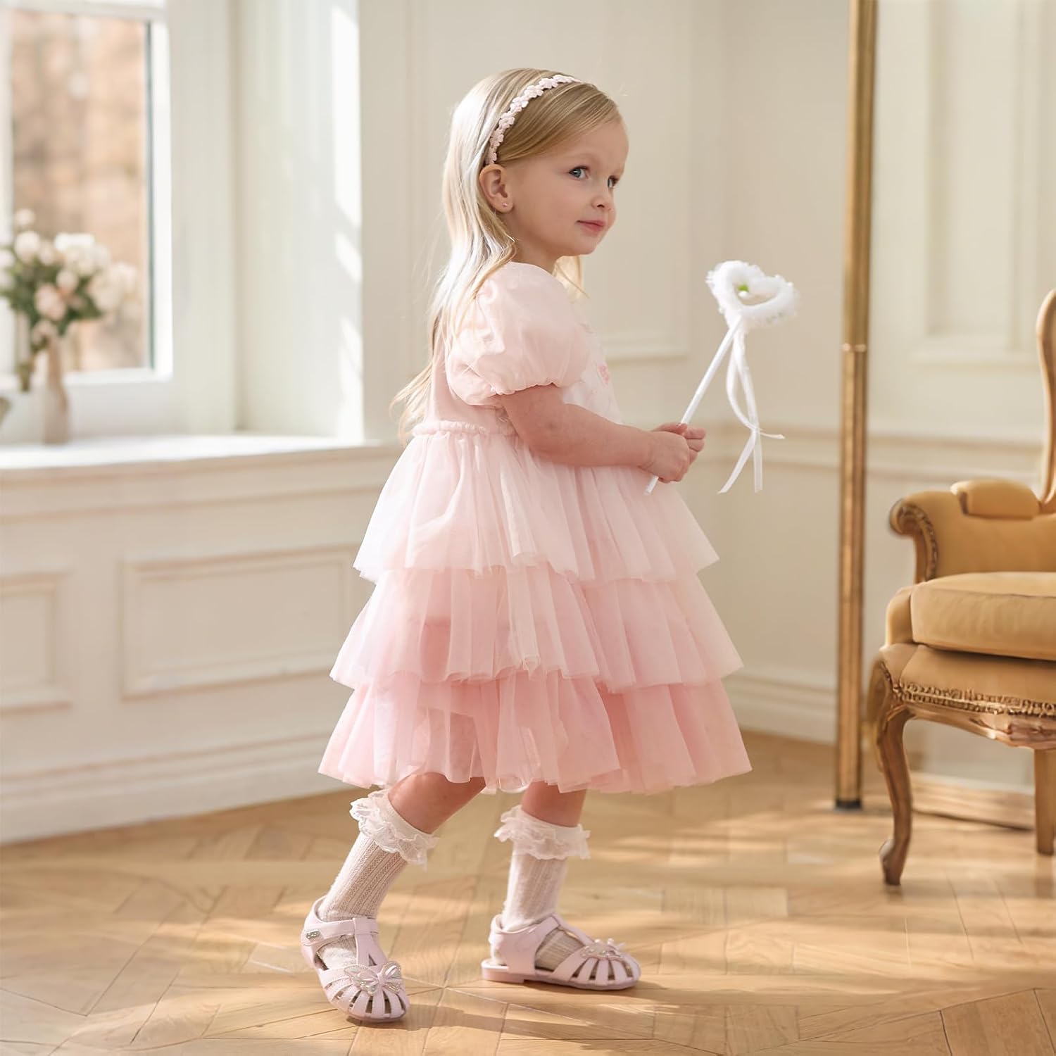 DAVE & BELLA Toddler Baby Girl Tutu Dress, Ruffle Short Sleeve Summer Tulle Dresses Tiered Pleated Floral Princess Sundress