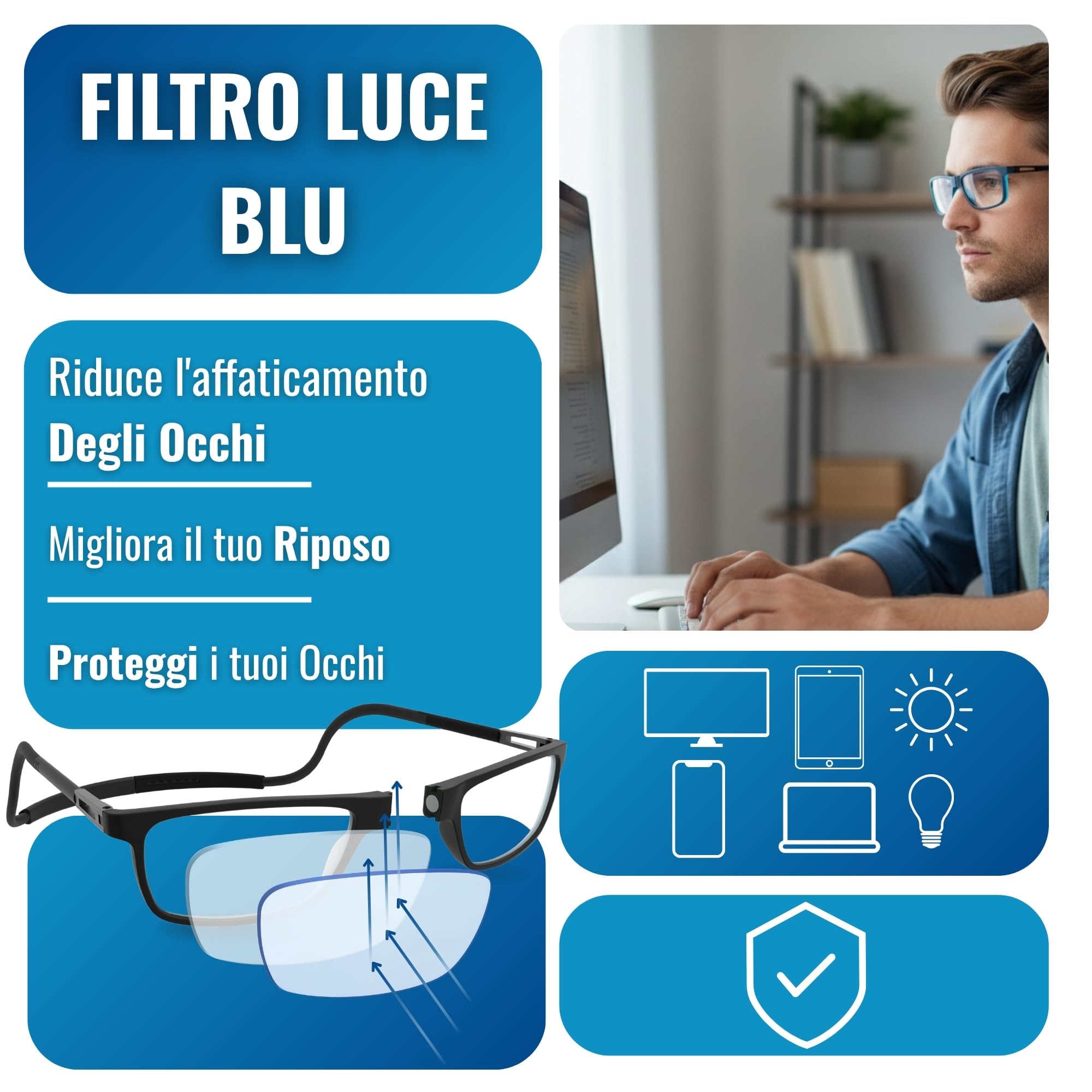 INDESMED Occhiali da Lettura Magnetici con Calamita - Regolabili, Pieghevoli, Colorati e Personalizzabili – Elegante con Filtro Luce Blu, Uomo e Donna - Occhiali clic montatura dalle linee morbide
