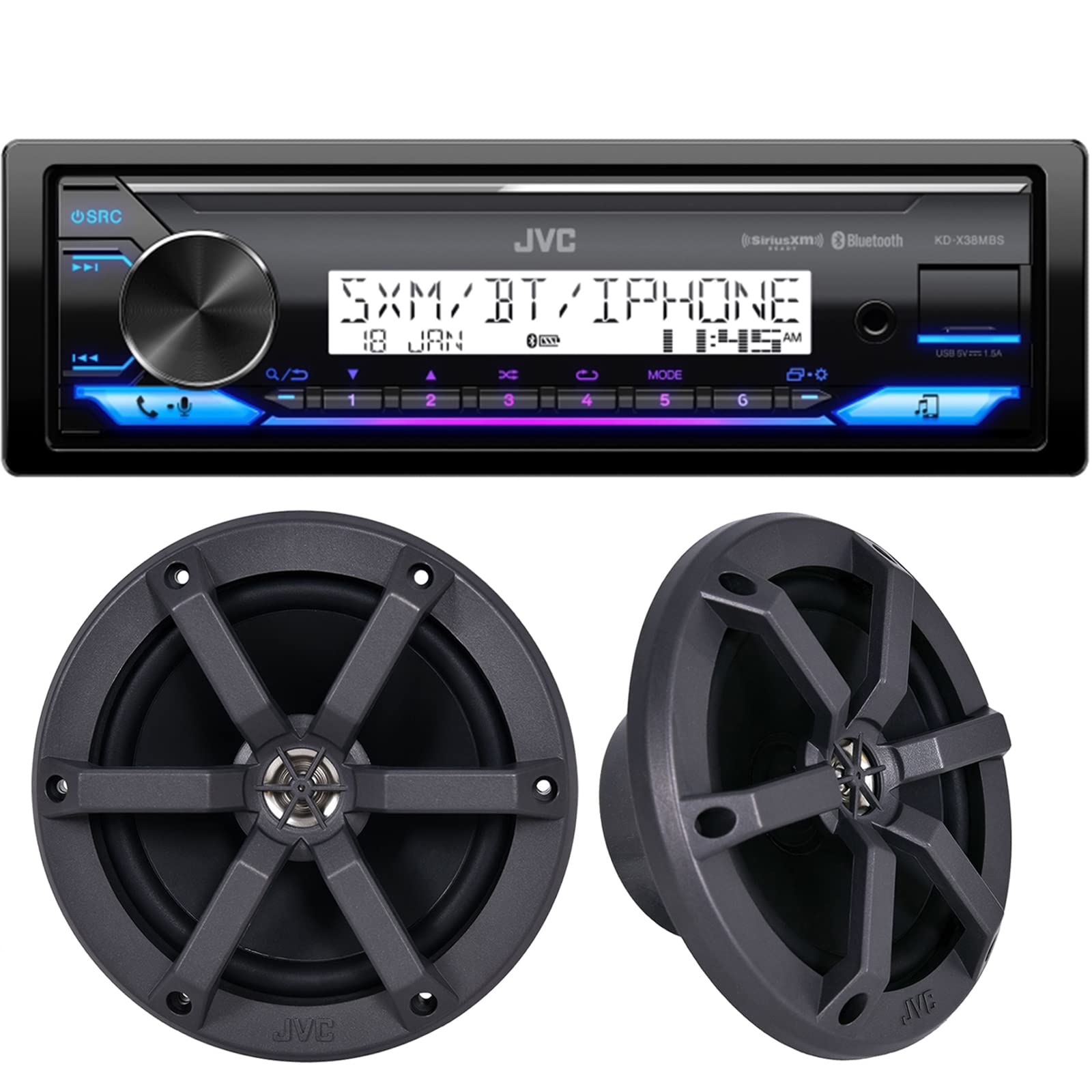 JVCJVC KD-X38MBS Single DIN Mechless USB AUX Bluetooth Car Digital Media Stereo Receiver with 1 Pair (Qty 2) JVC CS-MS620 6.5" 2-Way 100 Watts Max Power Water Black Resistant Marine Speakers