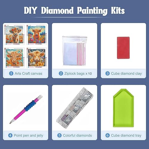 Miniatura 4 de ijbnhd Paquete de 4 kits de arte de diamantes de vaca para adultos, lindos kits de pintura de diamante de vaca para adultos, pintura de diamante de