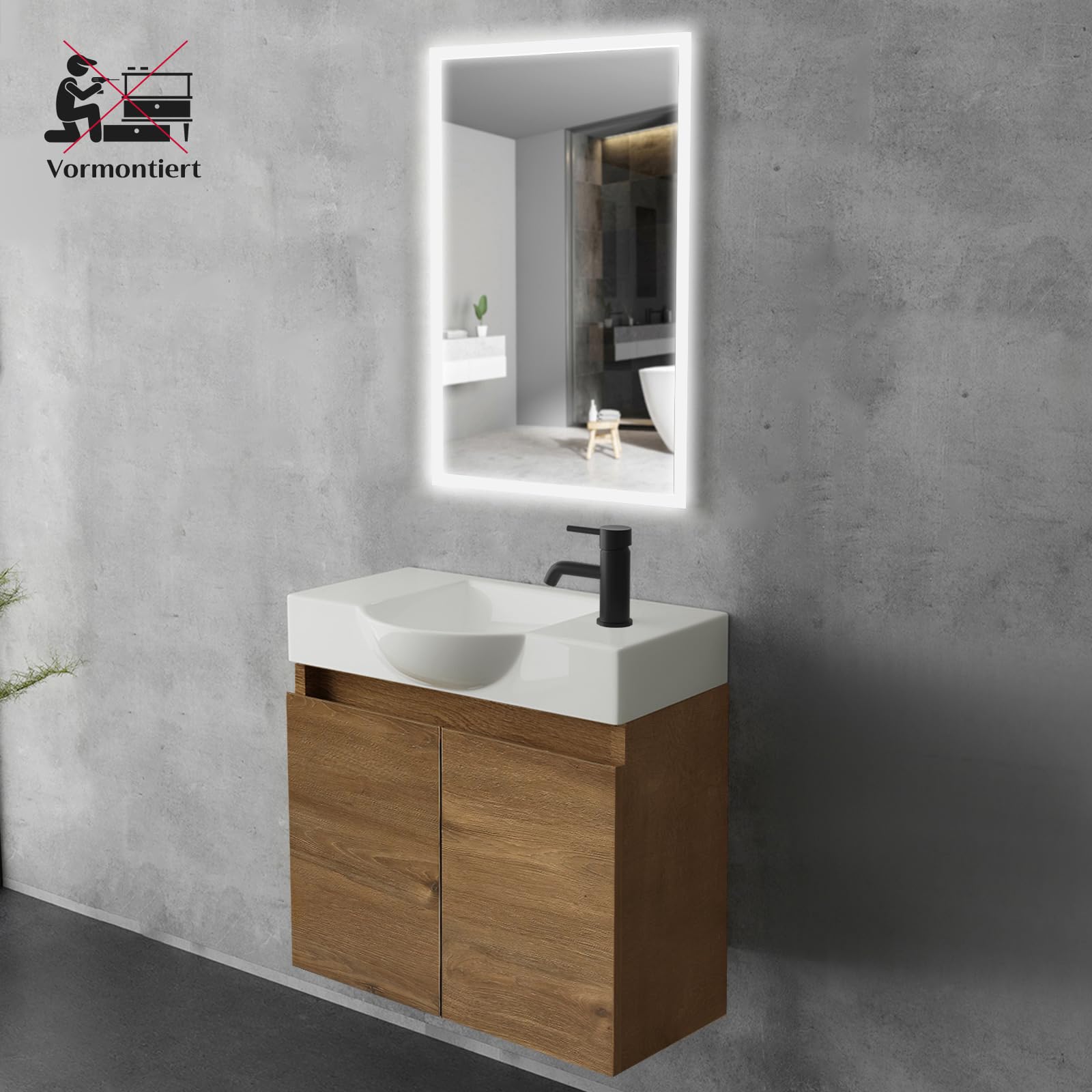 Alpenberger Waschtisch mit Unterschrank 55 cm Breit | Waschbecken mit Unterschrank Bad Möbel Modern Set | Kleines Waschbecken Gäste WC Möbel | Waschbeckenunterschrank Badezimmermöbel (Eiche)