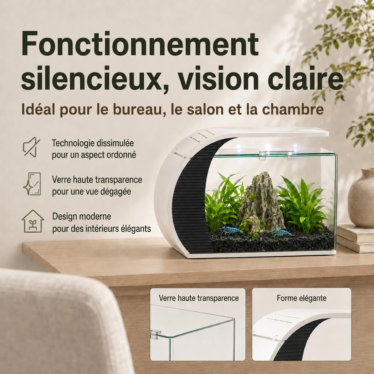 Aquarium de 5 gallons, avec éclairage LED et pompe à eau, capacité pour poissons d'ornement, crabes, plantes, idéal pour salon, chambre à coucher, bureau, décoration