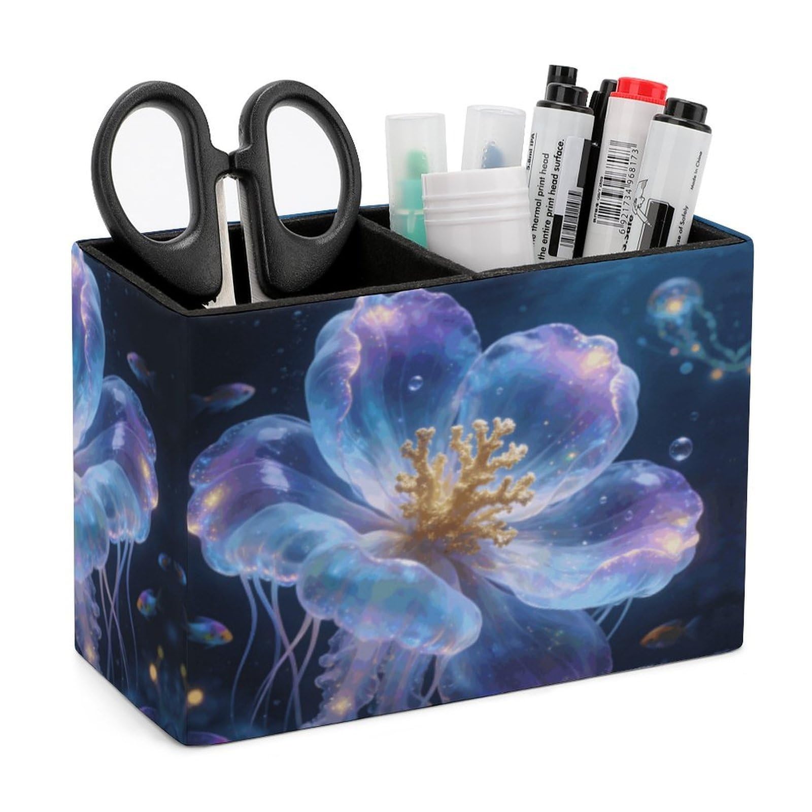 LZQPOEAS Exquisite Patterns PU Leather Pen Holder, Multifunctional Desktop Organizer Caddy with 2 Compartments, Oceanic Bloom Pencil Cup Makeup Brush Holder for Office Home