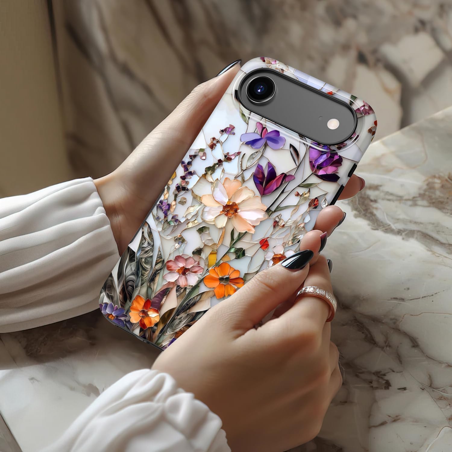 LUHOURI for iPhone Air Case,Wireless Charging Compatible,Dual-Layer - Soft Silicone + Hard Shell,Cute Wildflower Design,Protective Phone Cover for iPhone 17 Air - Marble Pressed Flowers - Image 2