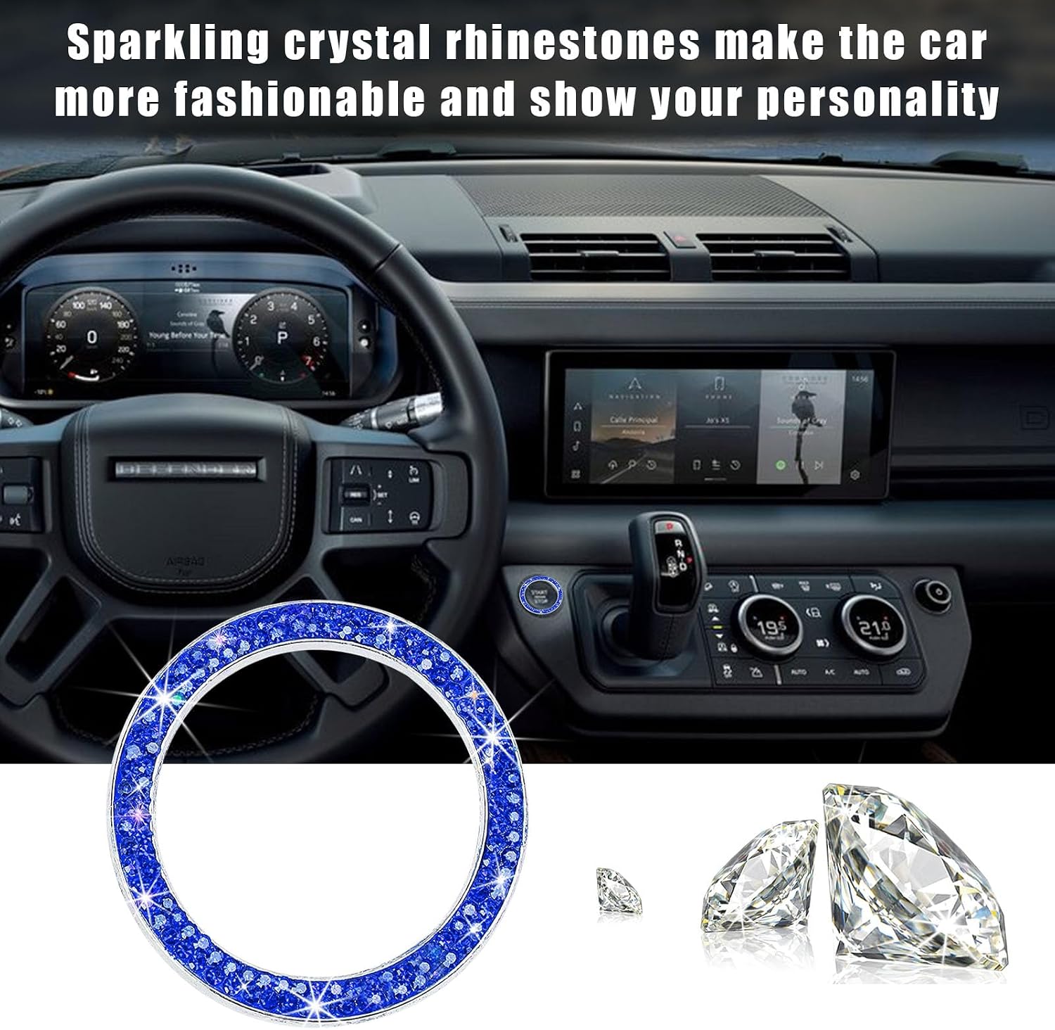 Kewucn 2 PCS Bling Crystal Double Rhinestone Car Engine Start Decoration Ring, Sparkling Push Start Button Sticker, Key Ignition & Knob Ring Decoration, Bling Car Interior Accessory(Dark Blue) image 5