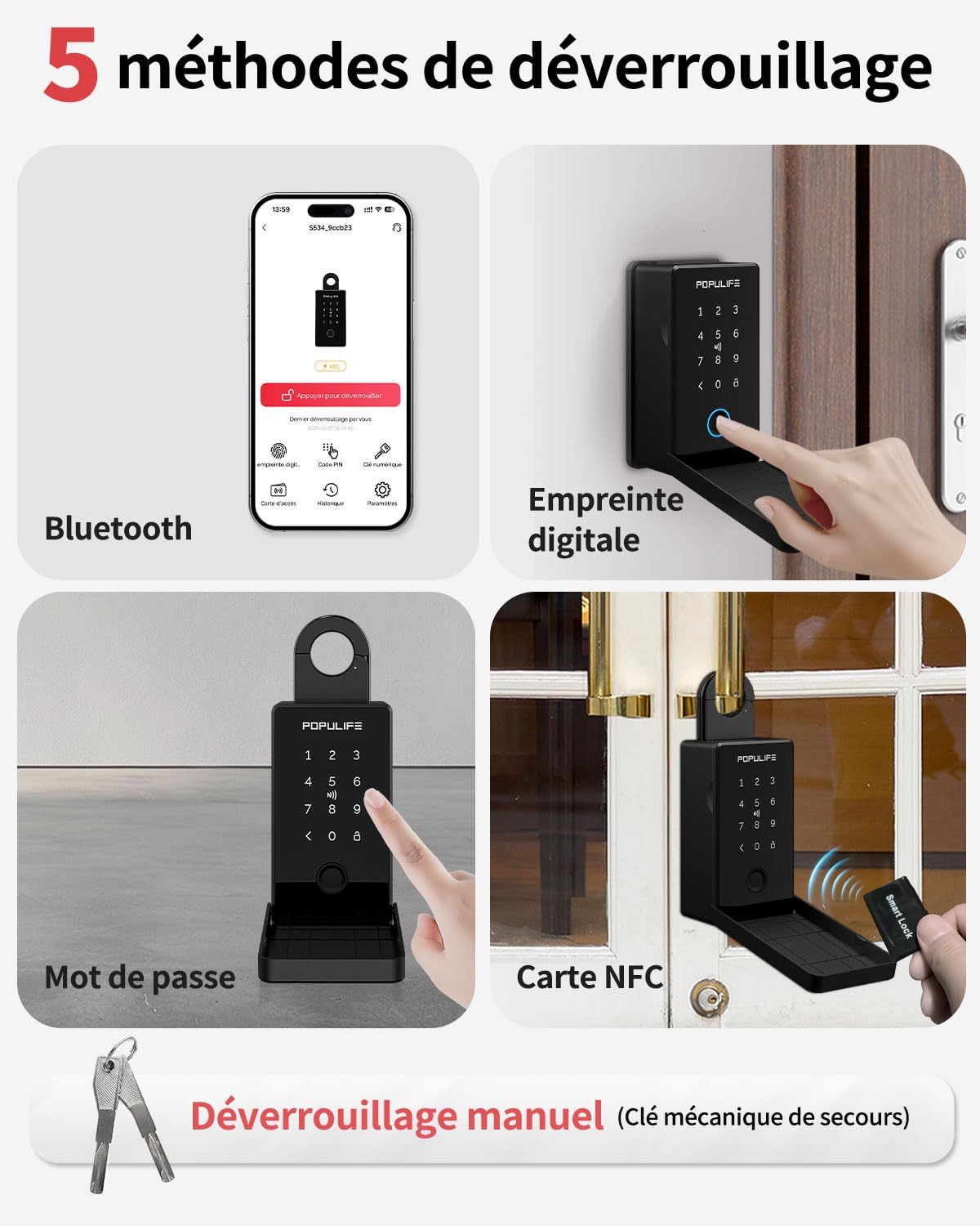 Populife Boite a Clef avec Empreinte Digitale, Smart Boite a Clefs securisee exterieur, Boite à Clé avec Accès à Distance Sans Fil pour Maison, Bureau et Agents Immobiliers, Fonctionne Hors Ligne