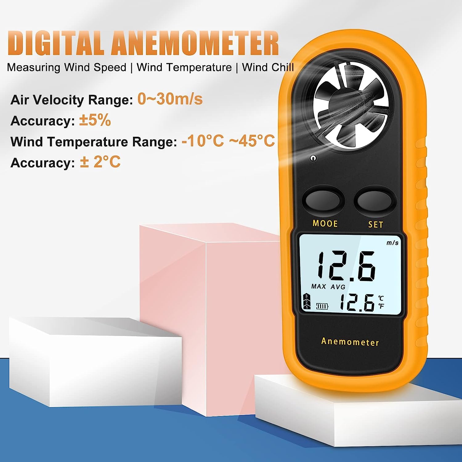Anemometro Portatile, Anemometro Digitale Precisione +/-5%/2°C, Misuratore Digitale di Velocità del Vento con Display LCD, Velocità Flusso Aria Termometro per Esterni/HAVC/Droni/Caccia/Pesca