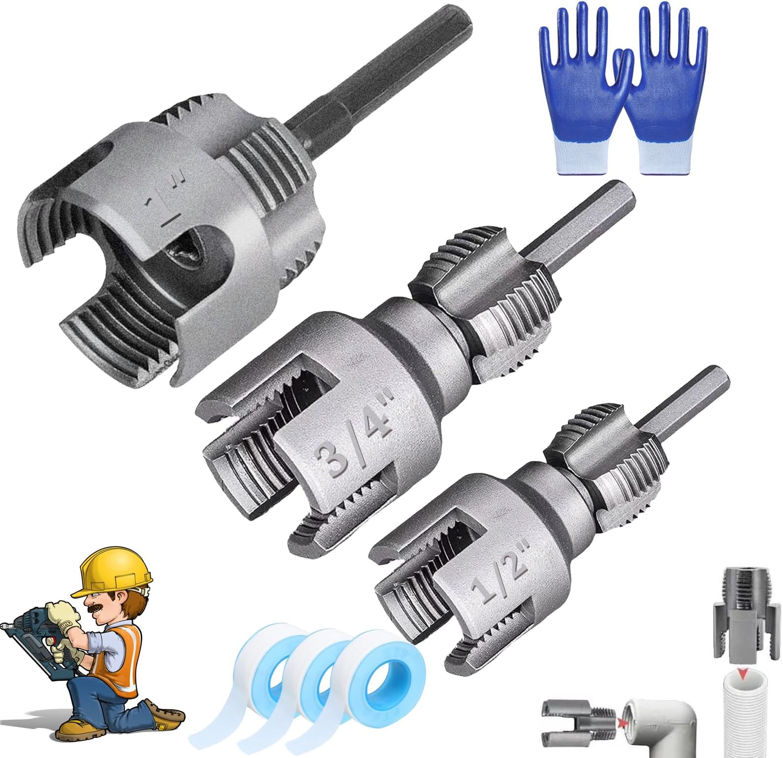 4 in 1 Water Pipe Threader Tool for Drill, 1/2", 3/4", 1" Pvc Pipe Threading Kit, Carbon Steel Pipe Tap Set, Water Pipe Threading Tool for Electric Drills (1/2"+3/4"+1")
