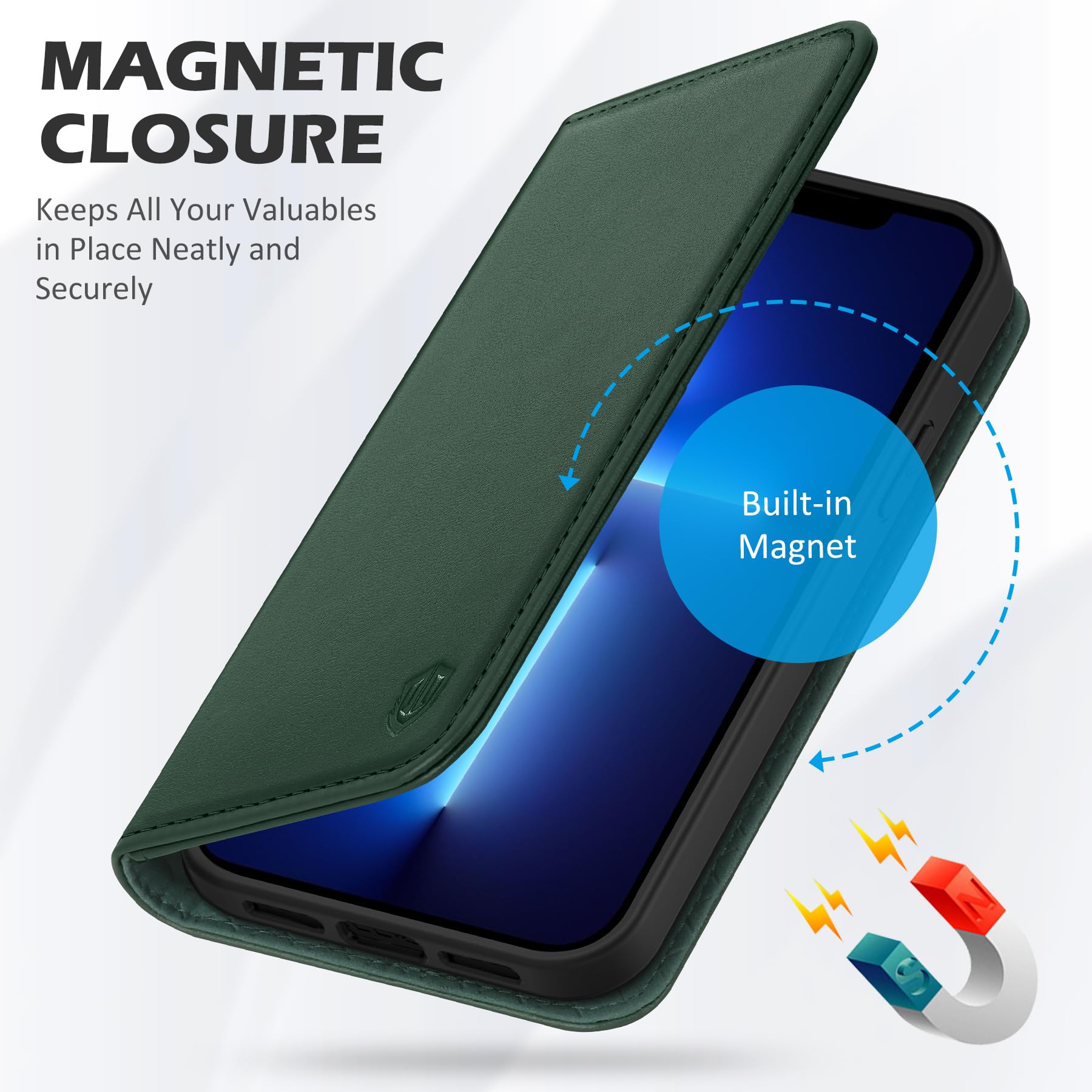 SHIELDON Etui Portfel do iPhone 13 6,1", Zielony | Prawdziwej Skóry, Etui na Karty, Blokada RFID, Podpórka, Zapięcie Magnetyczne, Etui z Klapką Odporną na Wstrząsy
