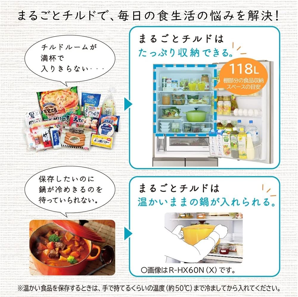 Diagram showing how the Marugoto Chilled compartment can store large quantities and warm pots.