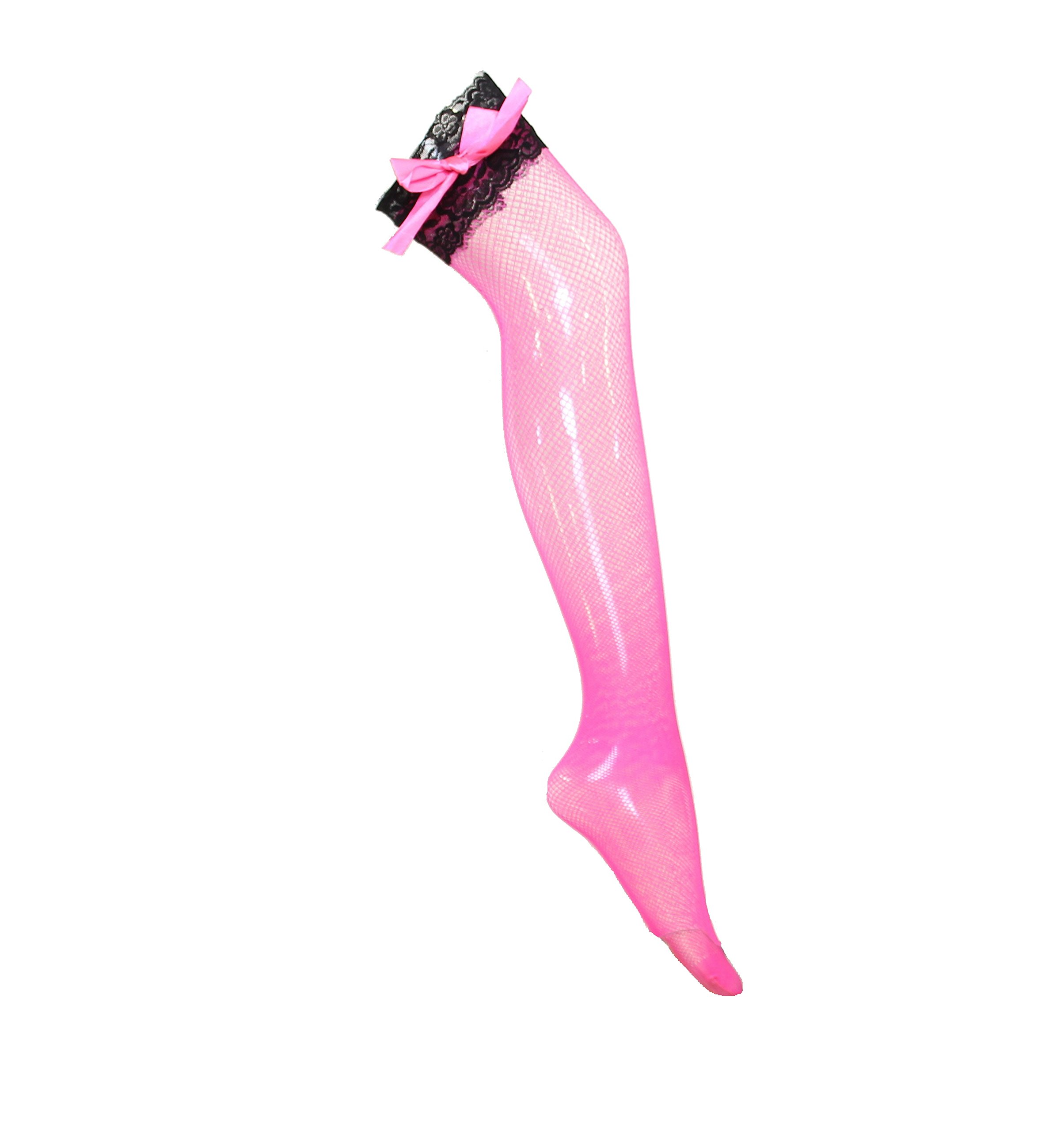 Zac's Alter Ego Neon Pink Mid-Thigh Stockings with Black Lace & Bow Finish