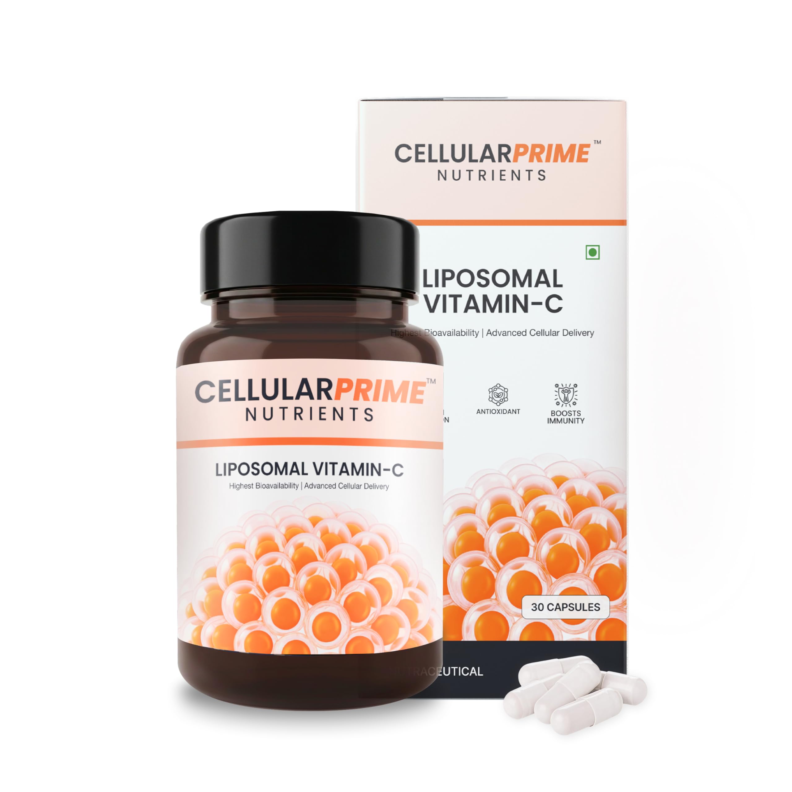 Cellular Prime Liposomal Vitamin C 80 mg | Phospholipid Encapsulation for High Absorption | Immunity, Skin Radiance & Collagen Support (30 Veg Capsules)