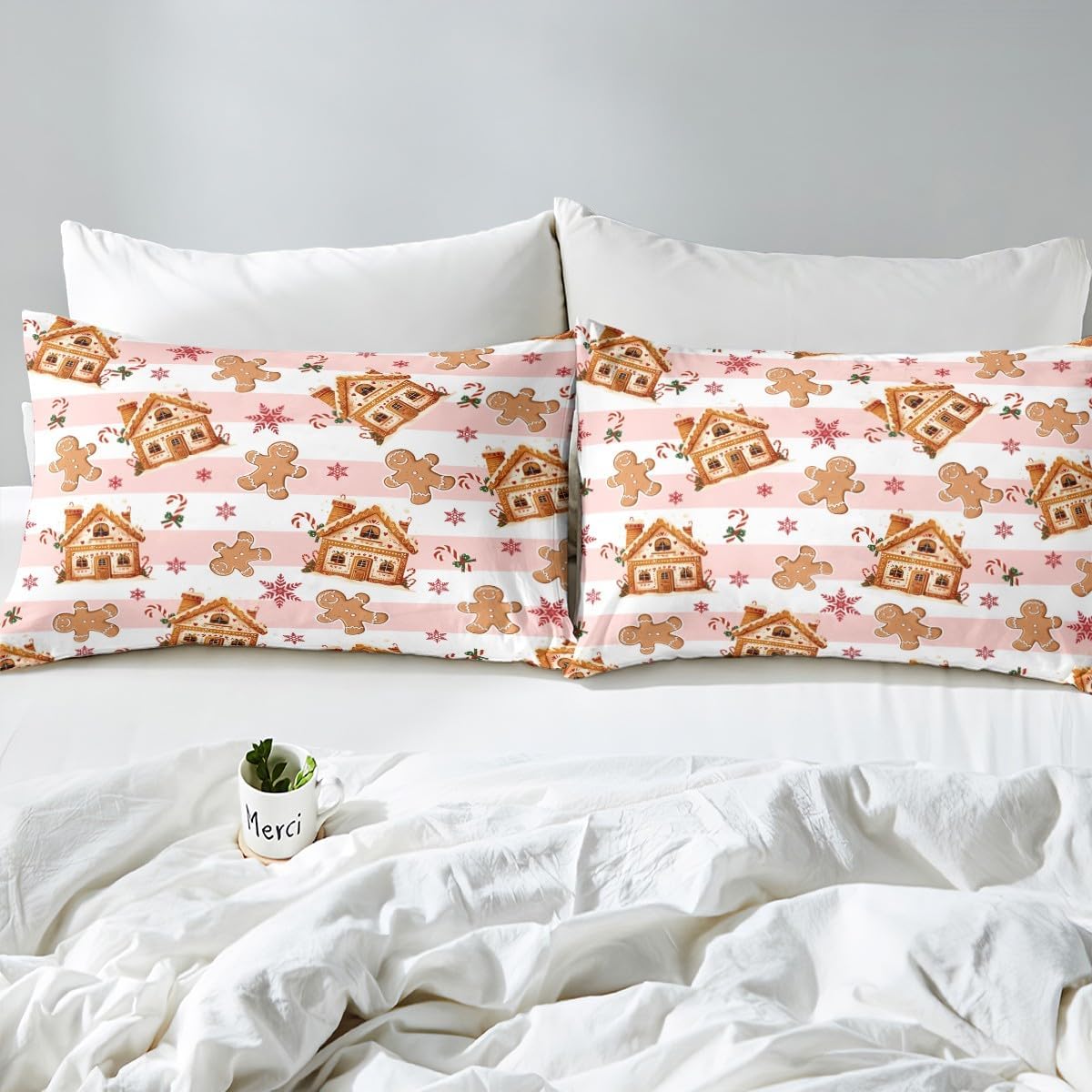 Feelyou Pink Gingerbread Man Fitted Sheet Gingerbread House Bedding Set Queen Size for Kids Boys Girls Snowflake Bed Sheets Xmas Deep Pocket Sheets Set,No Flat Sheet image 5