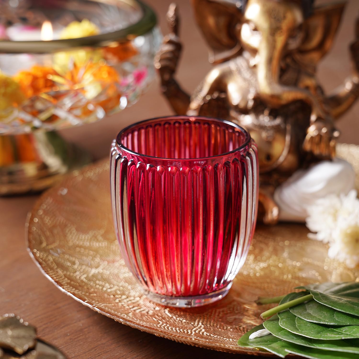 Pure Home + Living Set of 2 Red Glass Ribbed Tealight Holders - Large-image-17
