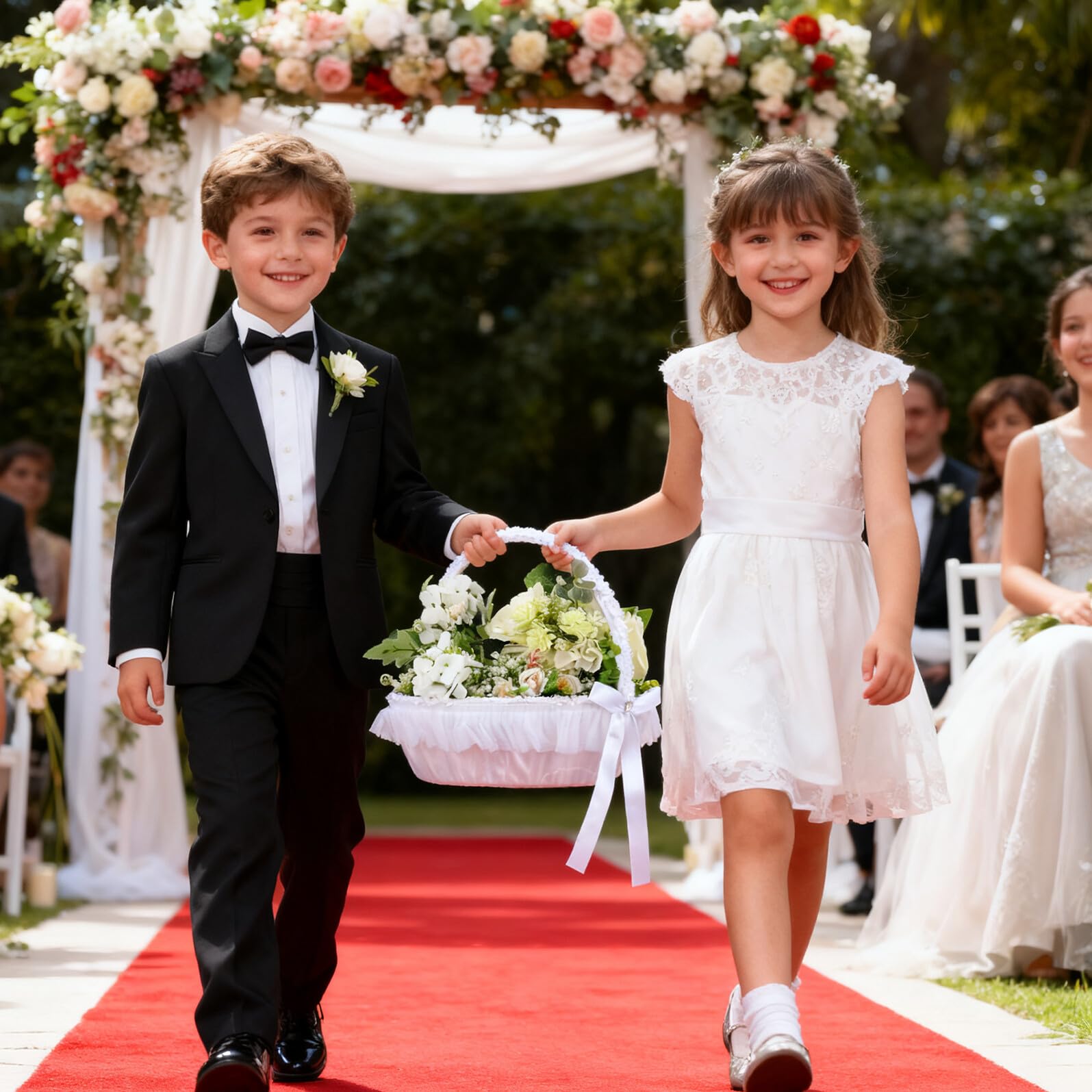 Beavorty Hochzeitsblumenkorb in Weiß Leichter und Wiederverwendbarer Körbchen aus Spitze und Polyester für Blumenmädchen bei Romantischer Hochzeitsfeier