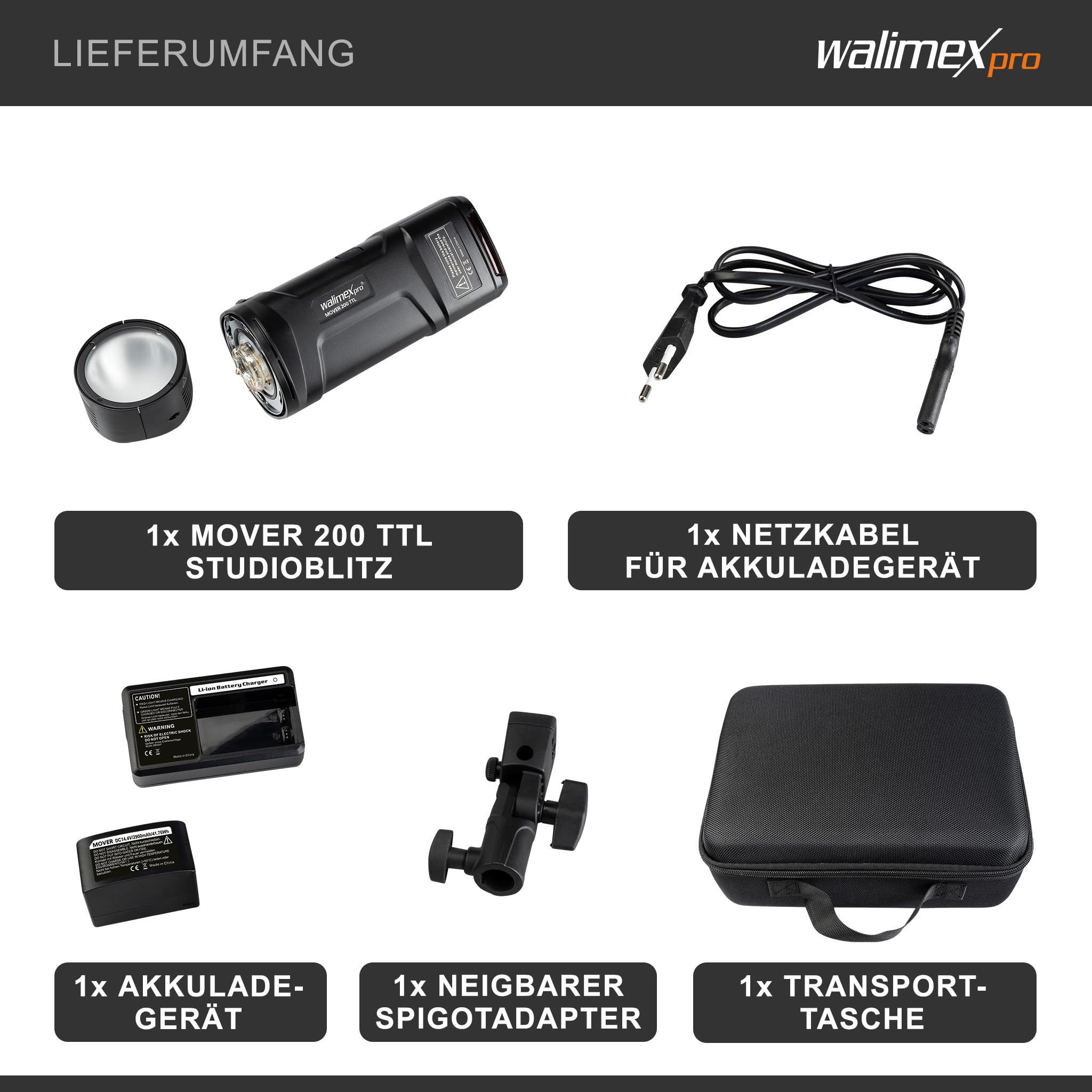 Walimex Pro Studio-Akkublitz Mover 200 TTL - Kompakter Studioblitz mit 2.4GHz Empfänger, HSS Und TTL-Fähig, 2.900 mAh Kapazität, 200 Ws Blitzleistung, Ideal Für Outdoor-Fotografen